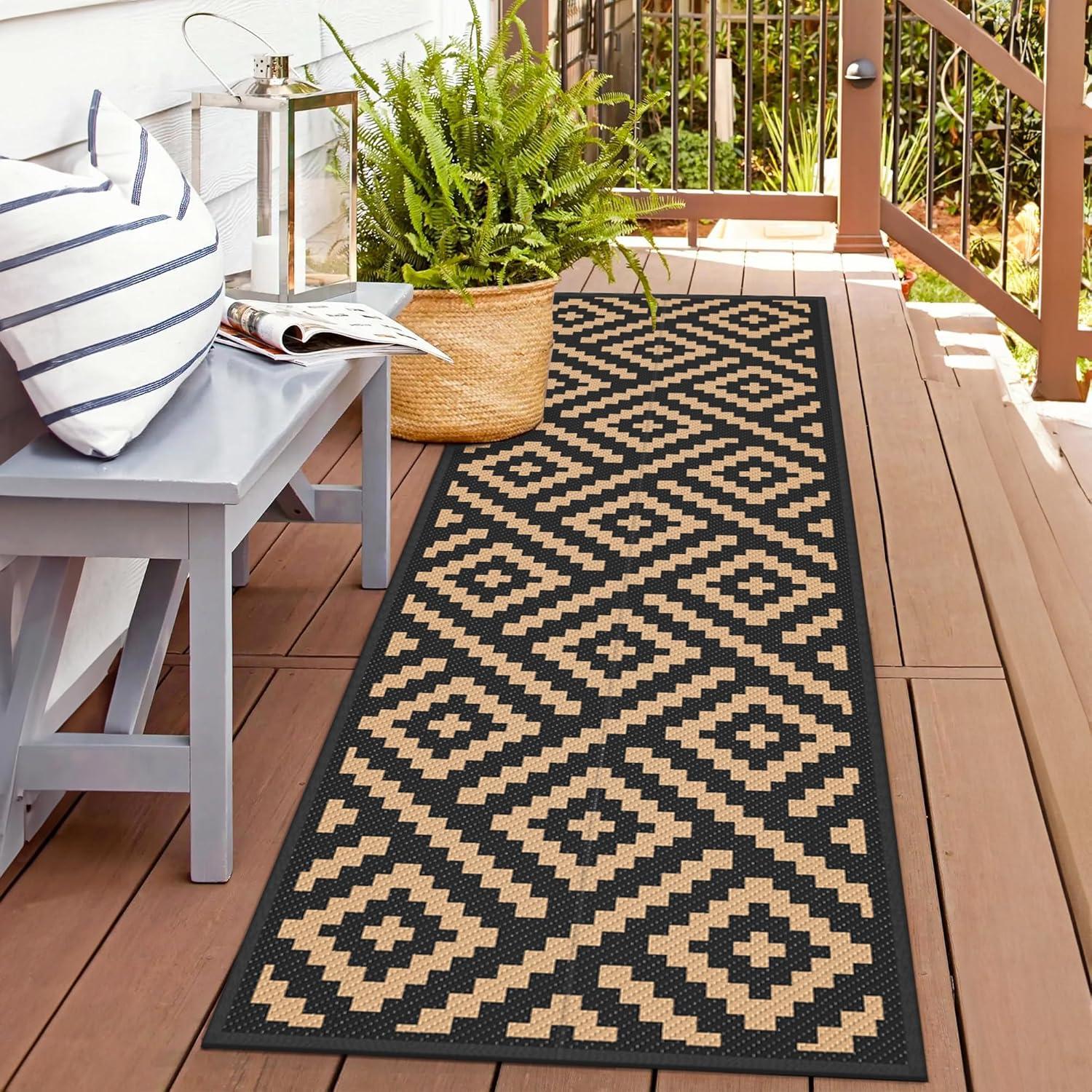 imageGENIMO Outdoor Rug for Patio Clearance9x18 Waterproof MatReversible Plastic Camping RugsRvPorchDeckCamperBalconyBackyardBlack ampamp GrayBlackbrown