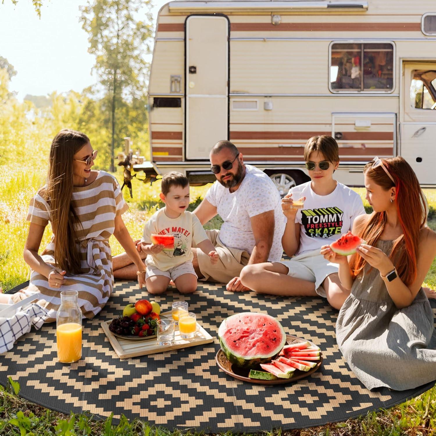 imageGENIMO Outdoor Rug for Patio Clearance9x18 Waterproof MatReversible Plastic Camping RugsRvPorchDeckCamperBalconyBackyardBlack ampamp GrayBlackbrown