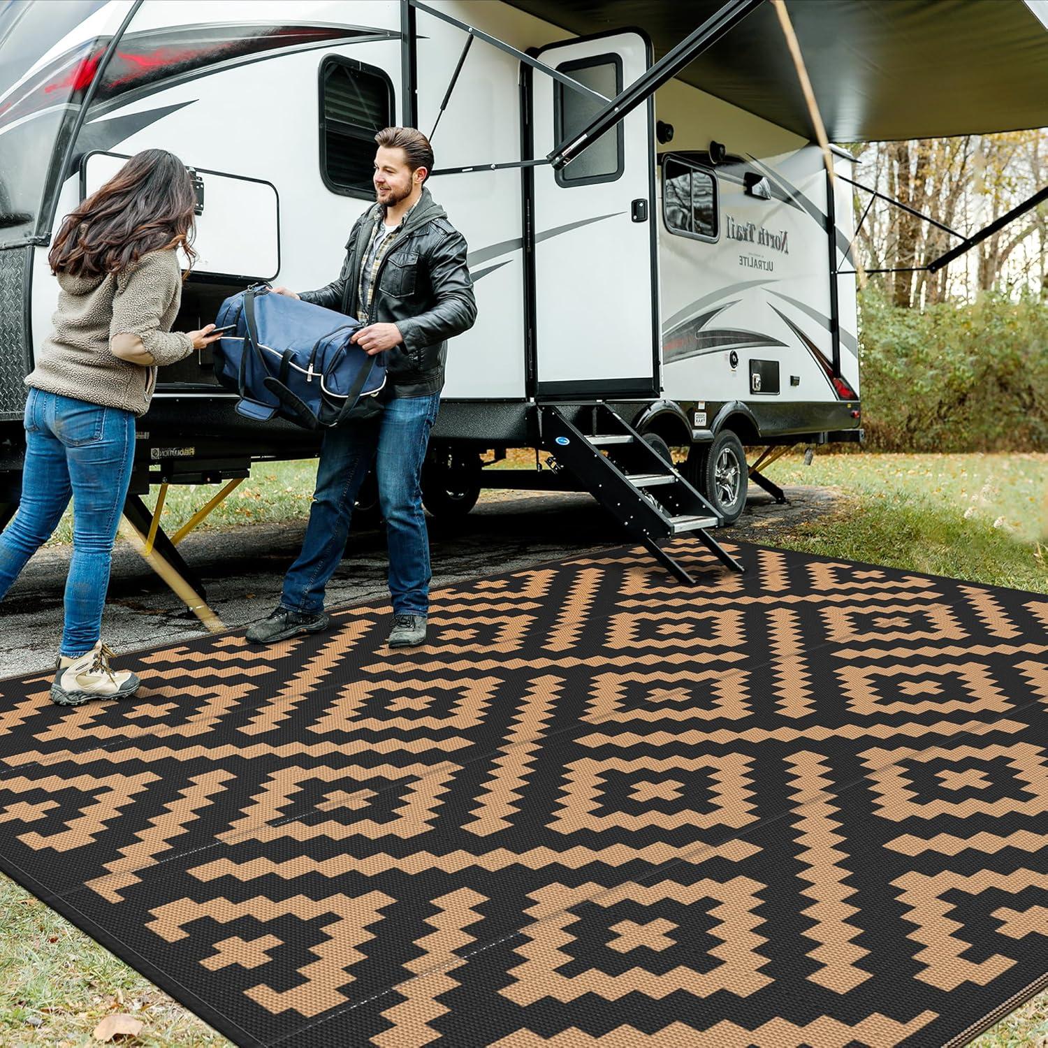 imageGENIMO Outdoor Rug for Patio Clearance9x18 Waterproof MatReversible Plastic Camping RugsRvPorchDeckCamperBalconyBackyardBlack ampamp GrayBlackbrown