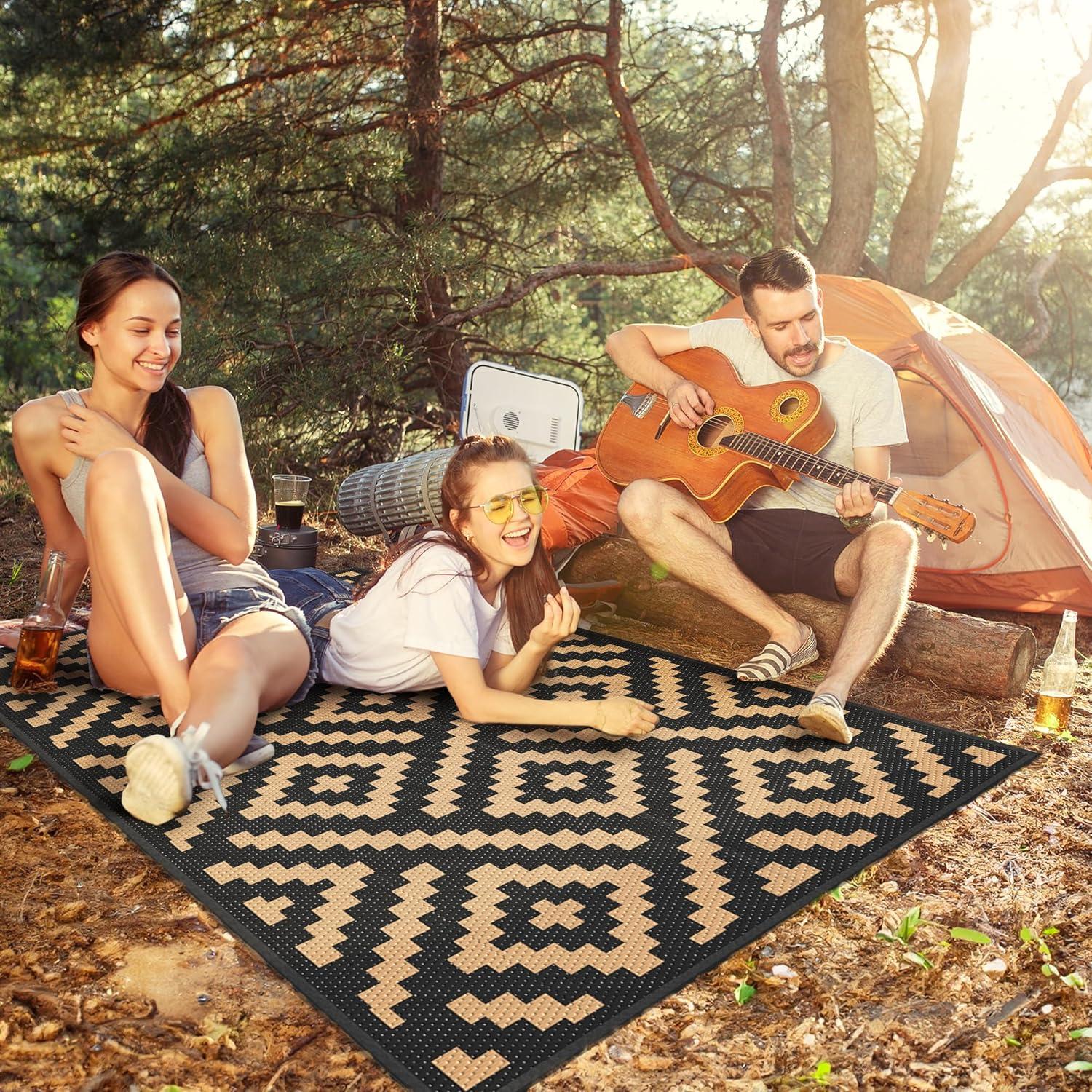 imageGENIMO Outdoor Rug for Patio Clearance9x18 Waterproof MatReversible Plastic Camping RugsRvPorchDeckCamperBalconyBackyardBlack ampamp GrayBlackbrown