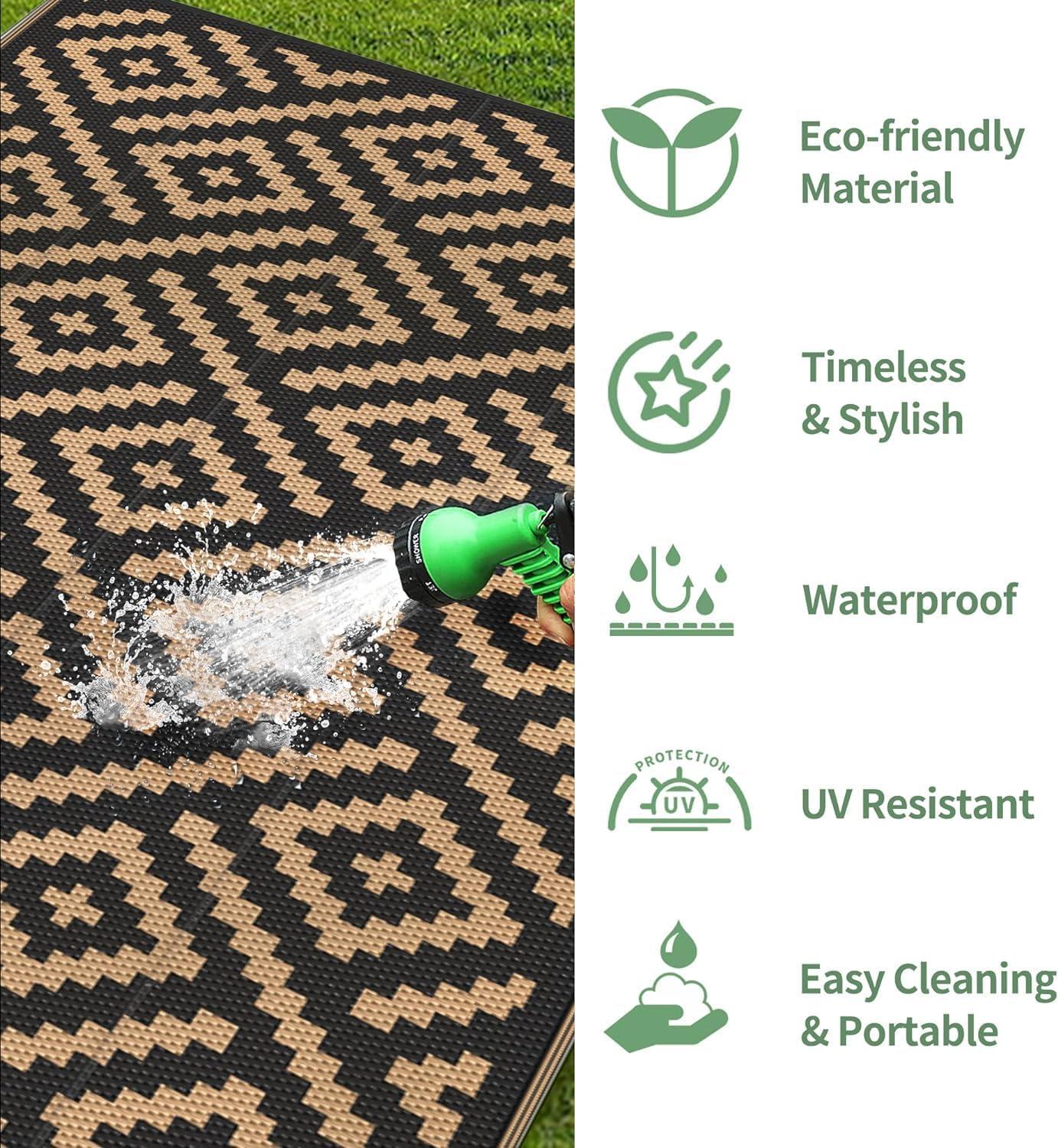 imageGENIMO Outdoor Rug for Patio Clearance9x18 Waterproof MatReversible Plastic Camping RugsRvPorchDeckCamperBalconyBackyardBlack ampamp GrayBlackbrown