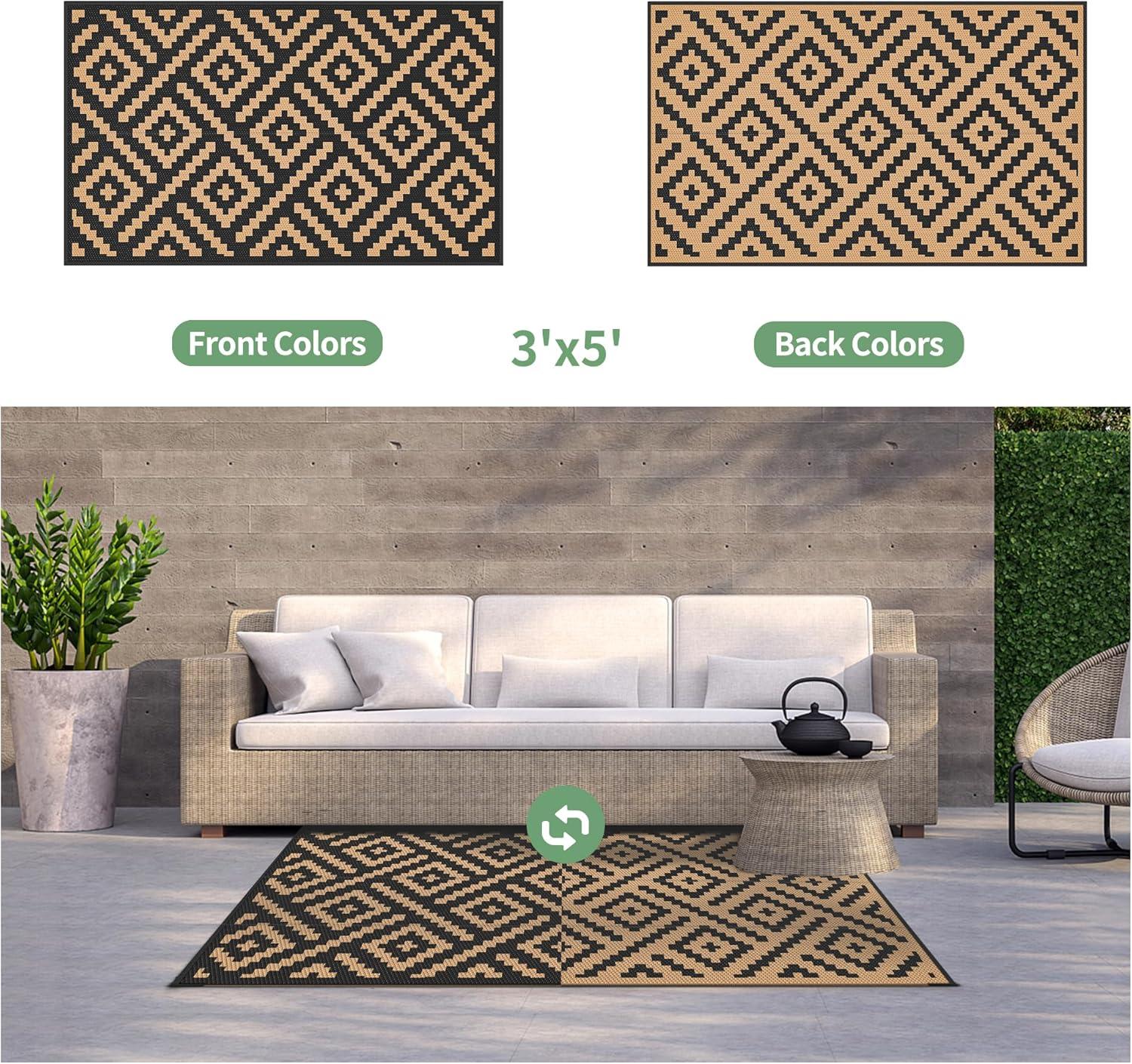 imageGENIMO Outdoor Rug for Patio Clearance9x18 Waterproof MatReversible Plastic Camping RugsRvPorchDeckCamperBalconyBackyardBlack ampamp GrayBlackbrown