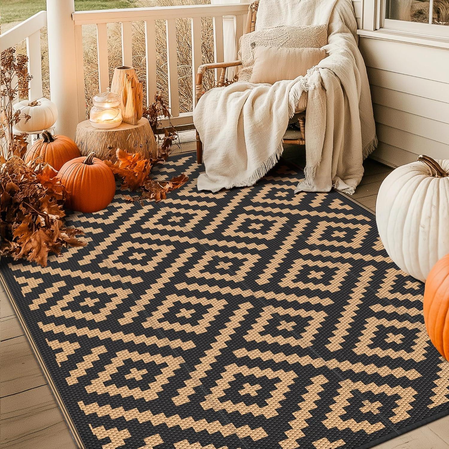 imageGENIMO Outdoor Rug for Patio Clearance9x18 Waterproof MatReversible Plastic Camping RugsRvPorchDeckCamperBalconyBackyardBlack ampamp GrayBlackbrown