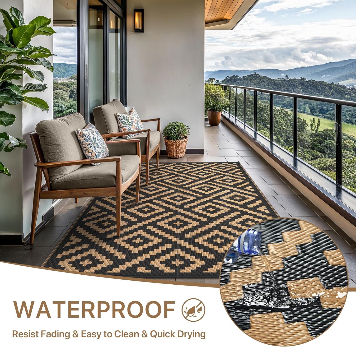 imageGENIMO Outdoor Rug for Patio Clearance9x18 Waterproof MatReversible Plastic Camping RugsRvPorchDeckCamperBalconyBackyardBlack ampamp GrayBlackbrown