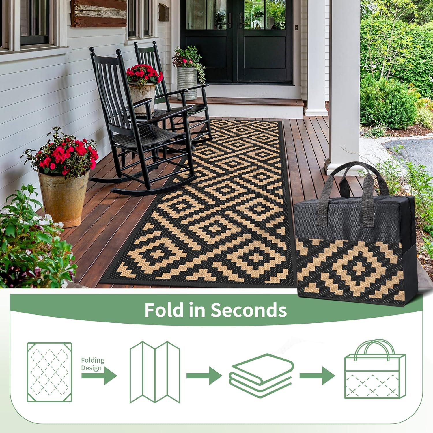 imageGENIMO Outdoor Rug for Patio Clearance9x18 Waterproof MatReversible Plastic Camping RugsRvPorchDeckCamperBalconyBackyardBlack ampamp GrayBlackbrown