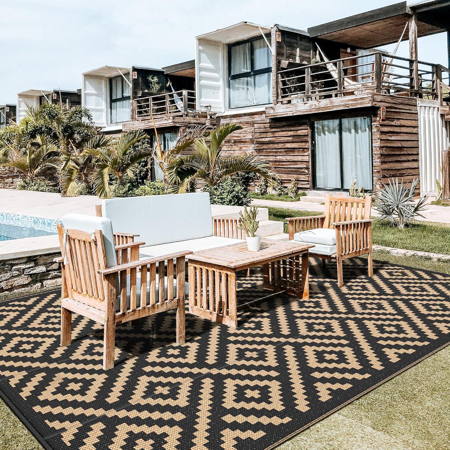 imageGENIMO Outdoor Rug for Patio Clearance9x18 Waterproof MatReversible Plastic Camping RugsRvPorchDeckCamperBalconyBackyardBlack ampamp GrayBlackbrown