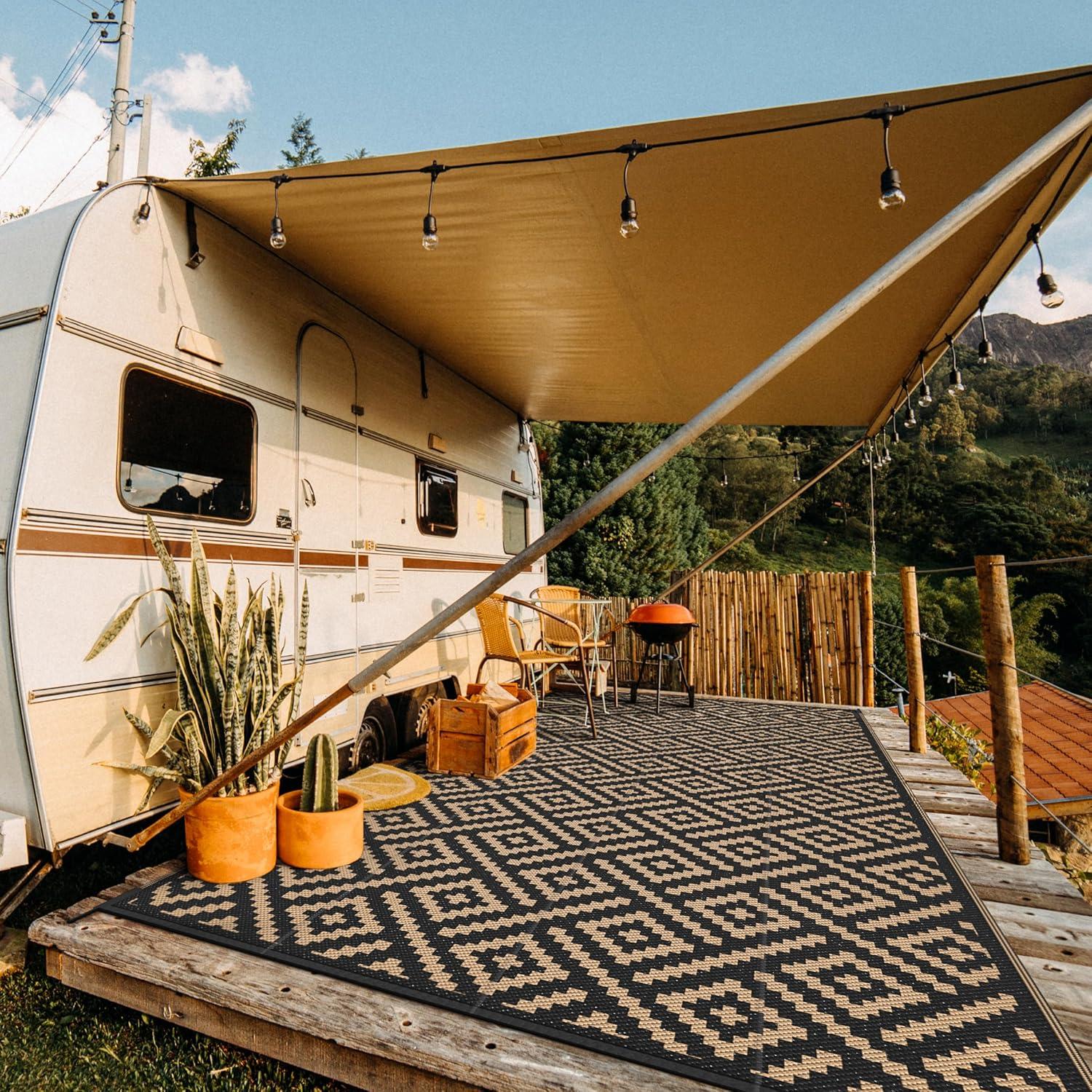 imageGENIMO Outdoor Rug for Patio Clearance9x18 Waterproof MatReversible Plastic Camping RugsRvPorchDeckCamperBalconyBackyardBlack ampamp GrayBlackbrown