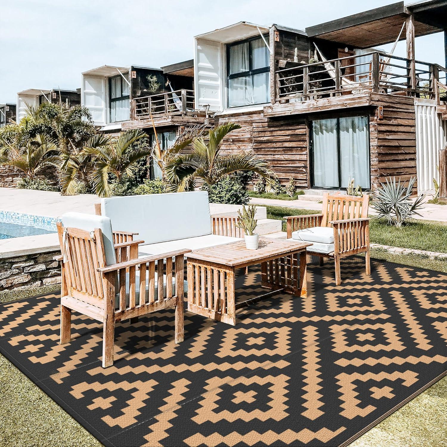 imageGENIMO Outdoor Rug for Patio Clearance9x18 Waterproof MatReversible Plastic Camping RugsRvPorchDeckCamperBalconyBackyardBlack ampamp GrayBlackbrown