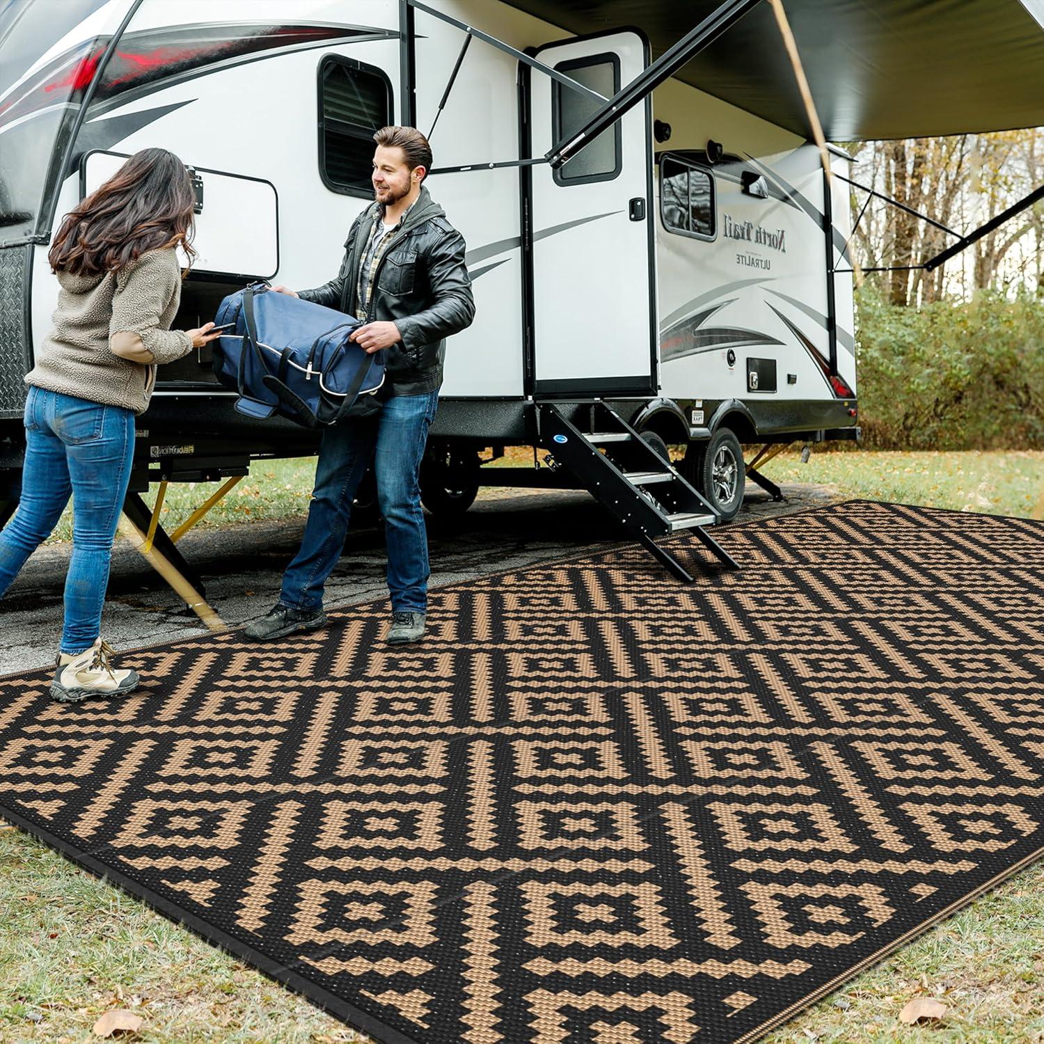 imageGENIMO Outdoor Rug for Patio Clearance9x18 Waterproof MatReversible Plastic Camping RugsRvPorchDeckCamperBalconyBackyardBlack ampamp GrayBlackbrown