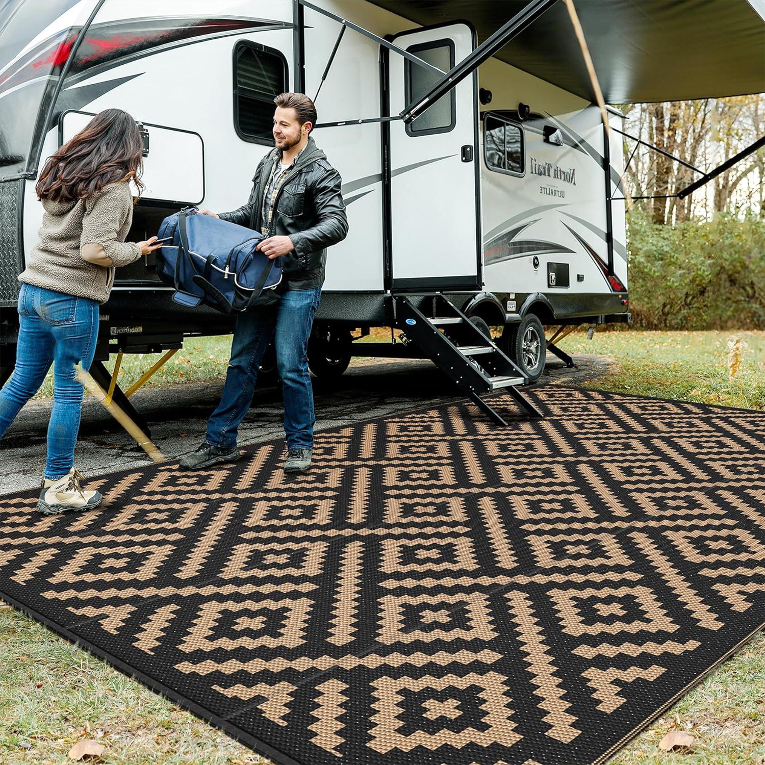 imageGENIMO Outdoor Rug for Patio Clearance9x18 Waterproof MatReversible Plastic Camping RugsRvPorchDeckCamperBalconyBackyardBlack ampamp GrayBlackbrown