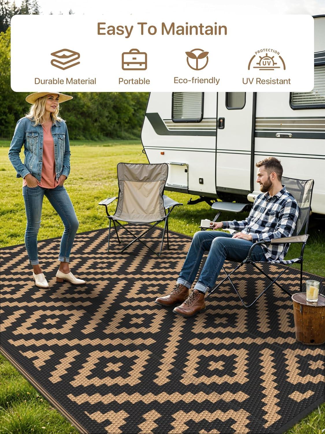 imageGENIMO Outdoor Rug for Patio Clearance9x18 Waterproof MatReversible Plastic Camping RugsRvPorchDeckCamperBalconyBackyardBlack ampamp GrayBlackbrown