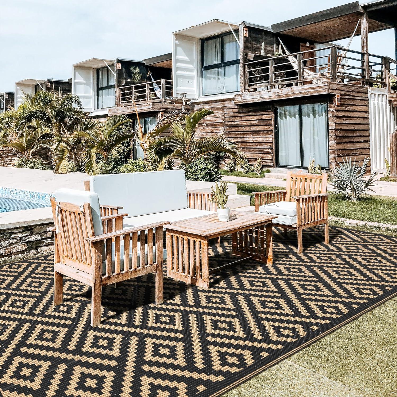 imageGENIMO Outdoor Rug for Patio Clearance9x18 Waterproof MatReversible Plastic Camping RugsRvPorchDeckCamperBalconyBackyardBlack ampamp GrayBlackbrown