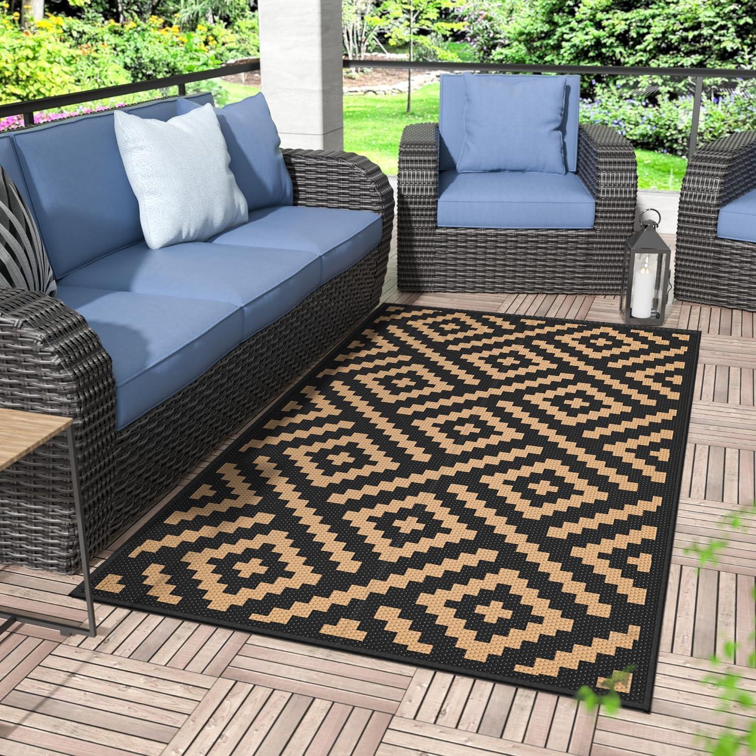 imageGENIMO Outdoor Rug for Patio Clearance9x18 Waterproof MatReversible Plastic Camping RugsRvPorchDeckCamperBalconyBackyardBlack ampamp GrayBlackbrown