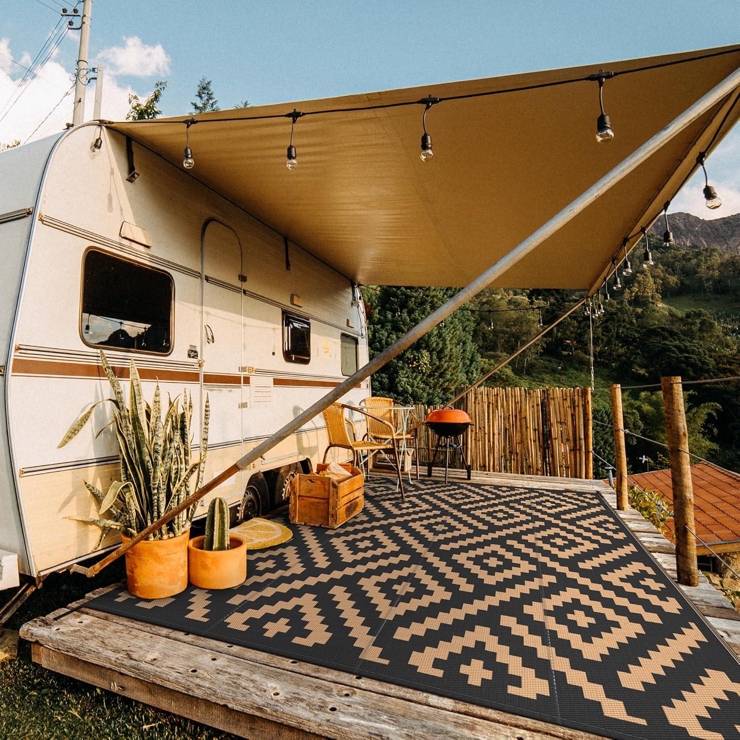 imageGENIMO Outdoor Rug for Patio Clearance9x18 Waterproof MatReversible Plastic Camping RugsRvPorchDeckCamperBalconyBackyardBlack ampamp GrayBlackbrown