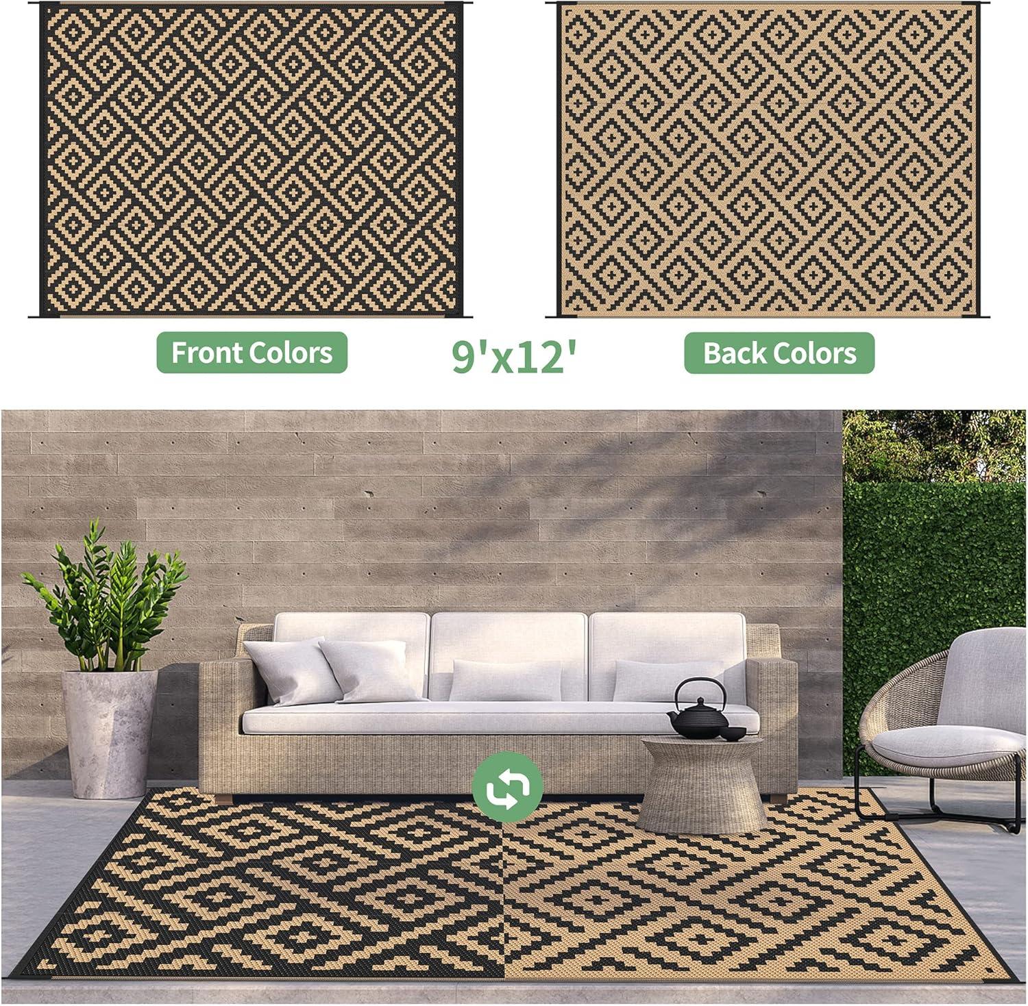 imageGENIMO Outdoor Rug for Patio Clearance9x18 Waterproof MatReversible Plastic Camping RugsRvPorchDeckCamperBalconyBackyardBlack ampamp GrayBlackbrown