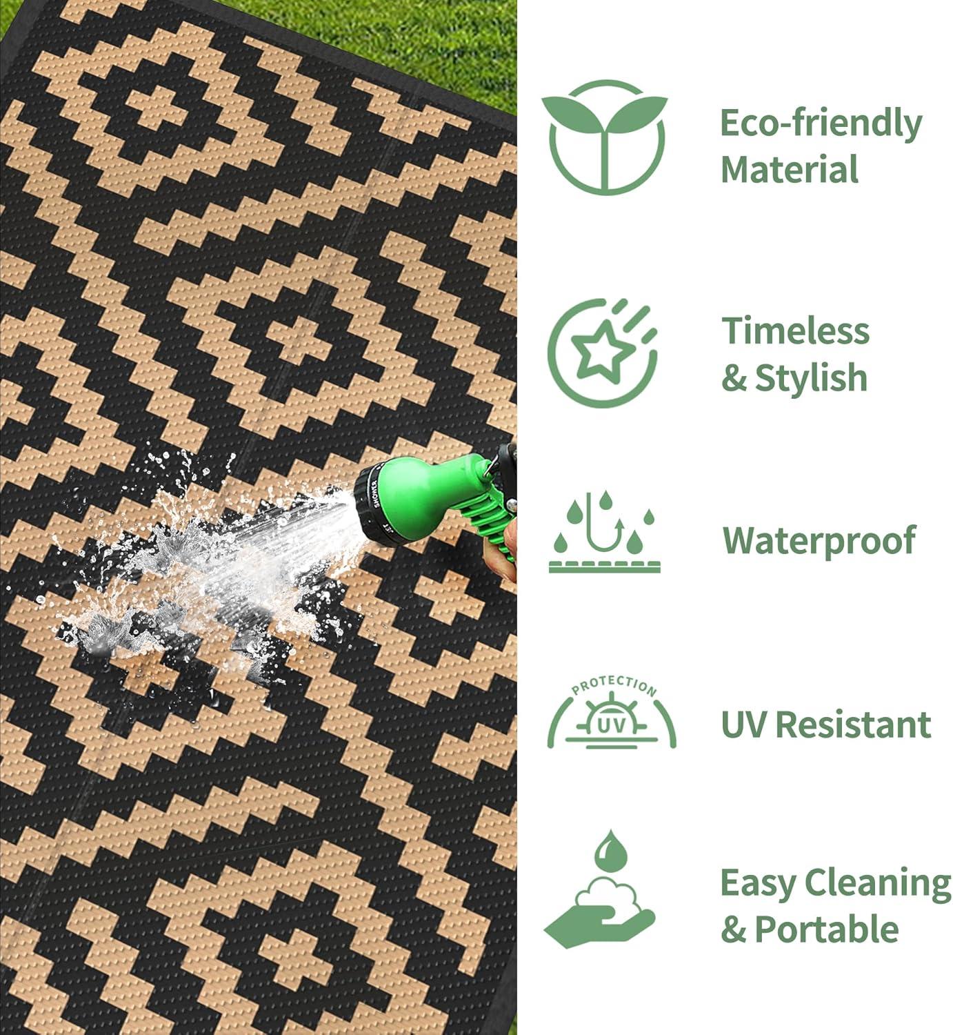 imageGENIMO Outdoor Rug for Patio Clearance9x18 Waterproof MatReversible Plastic Camping RugsRvPorchDeckCamperBalconyBackyardBlack ampamp GrayBlackbrown