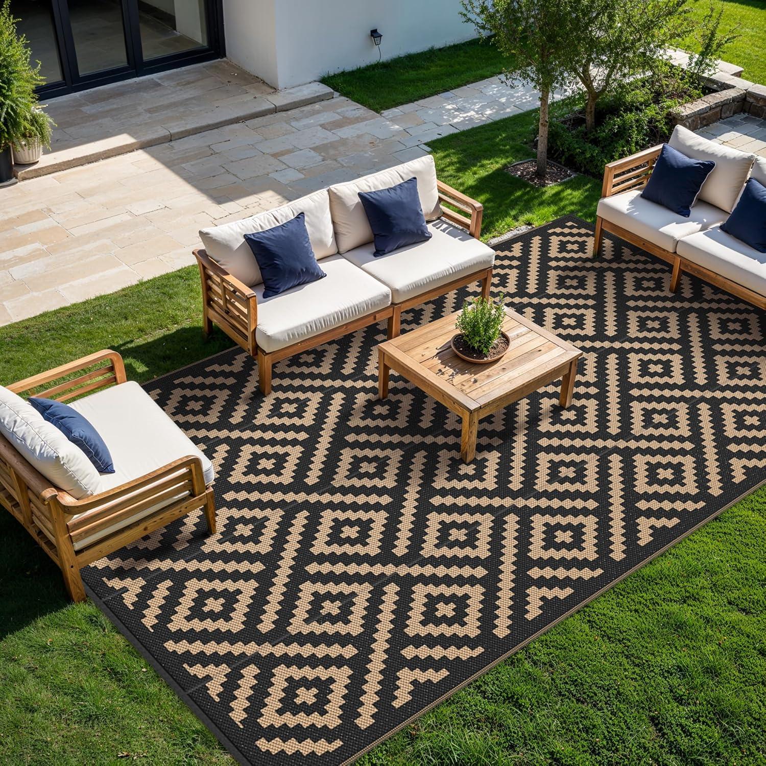 imageGENIMO Outdoor Rug for Patio Clearance9x18 Waterproof MatReversible Plastic Camping RugsRvPorchDeckCamperBalconyBackyardBlack ampamp GrayBlackbrown