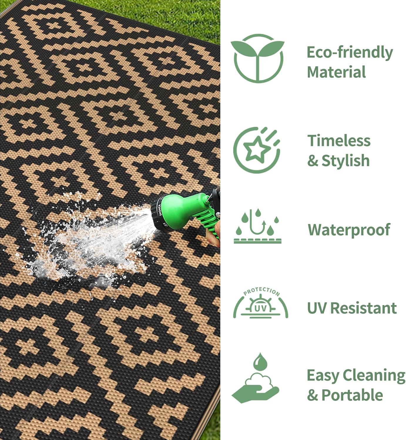 imageGENIMO Outdoor Rug for Patio Clearance9x18 Waterproof MatReversible Plastic Camping RugsRvPorchDeckCamperBalconyBackyardBlack ampamp GrayBlackbrown