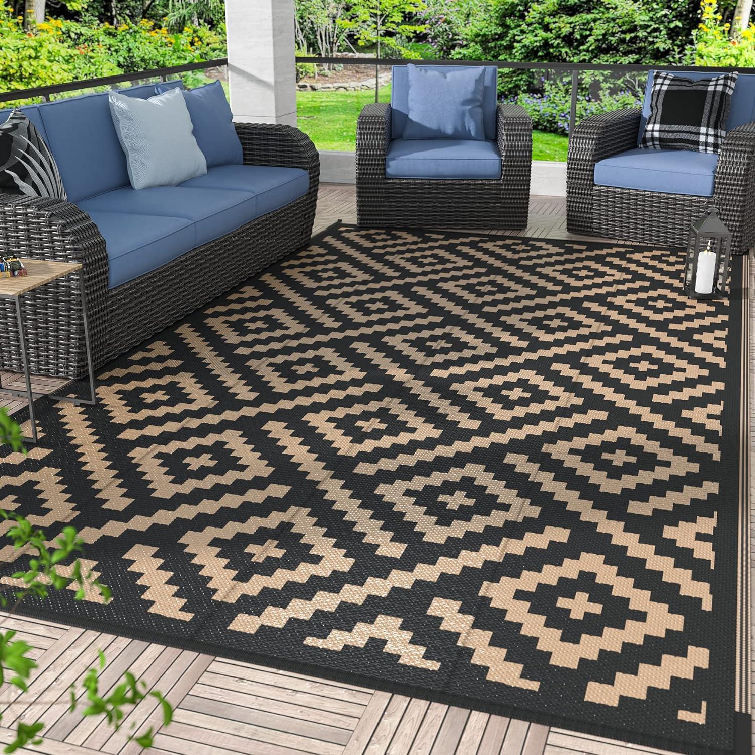 imageGENIMO Outdoor Rug for Patio Clearance9x18 Waterproof MatReversible Plastic Camping RugsRvPorchDeckCamperBalconyBackyardBlack ampamp GrayBlackbrown