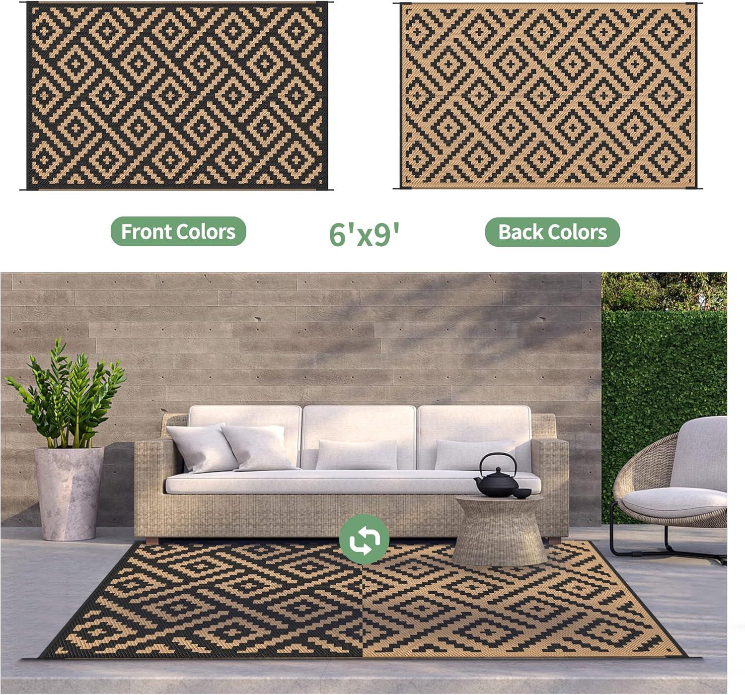 imageGENIMO Outdoor Rug for Patio Clearance9x18 Waterproof MatReversible Plastic Camping RugsRvPorchDeckCamperBalconyBackyardBlack ampamp GrayBlackbrown