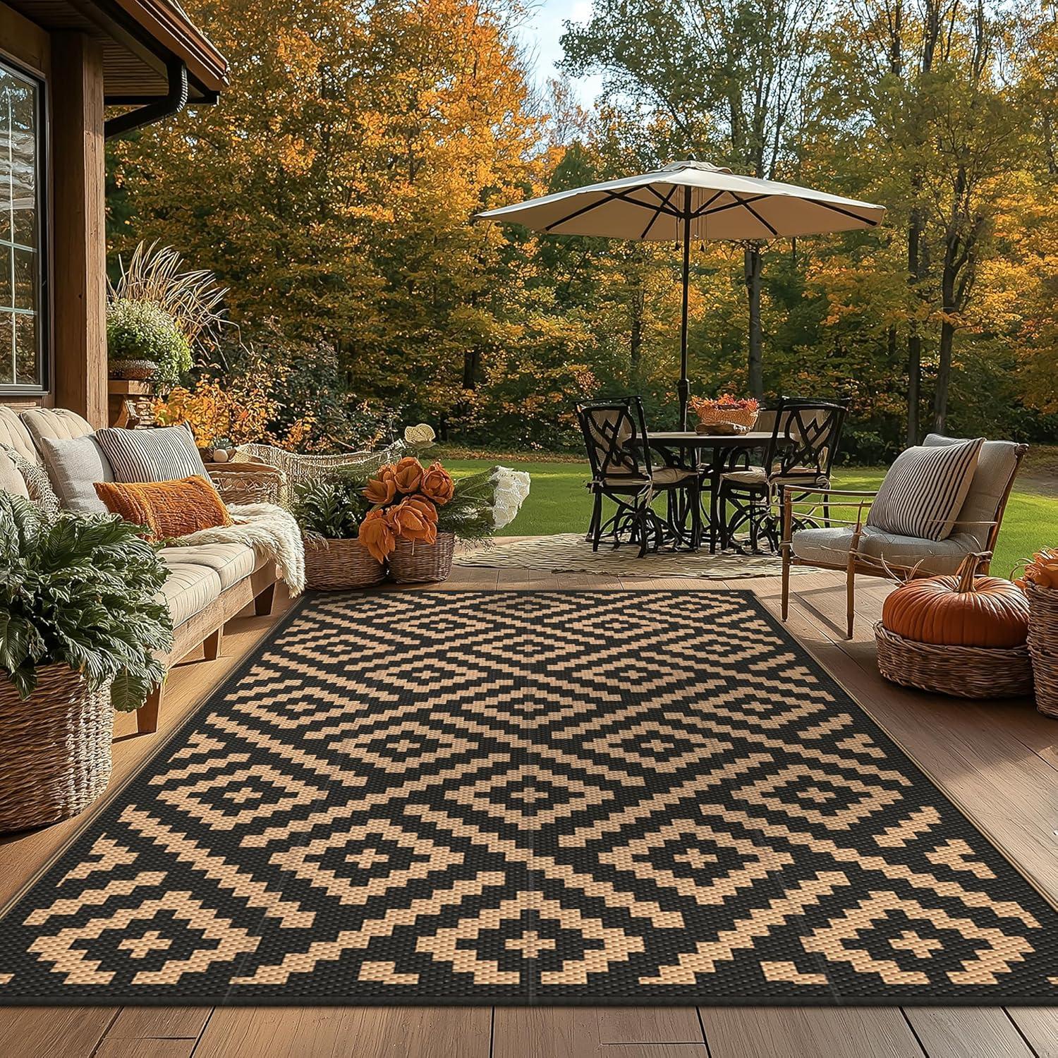 imageGENIMO Outdoor Rug for Patio Clearance9x18 Waterproof MatReversible Plastic Camping RugsRvPorchDeckCamperBalconyBackyardBlack ampamp GrayBlackbrown