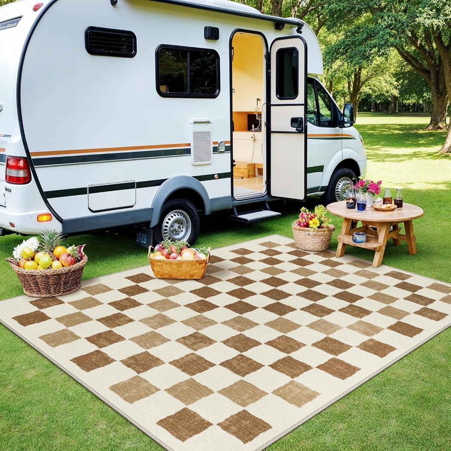 imageGENIMO Outdoor Rug for Patio Clearance9x18 Waterproof MatReversible Plastic Camping RugsRvPorchDeckCamperBalconyBackyardBlack ampamp GrayBrownbeigew