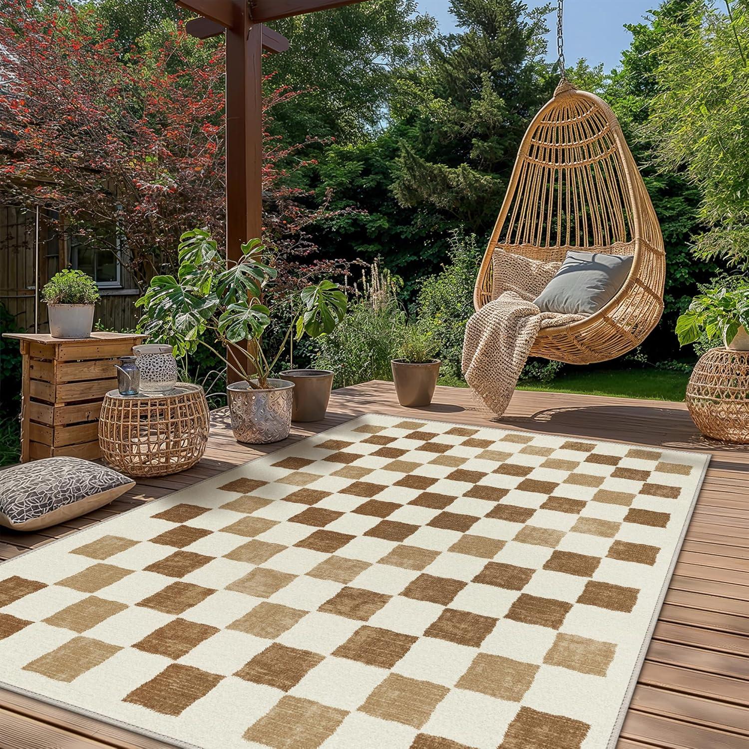 imageGENIMO Outdoor Rug for Patio Clearance9x18 Waterproof MatReversible Plastic Camping RugsRvPorchDeckCamperBalconyBackyardBlack ampamp GrayBrownbeigew