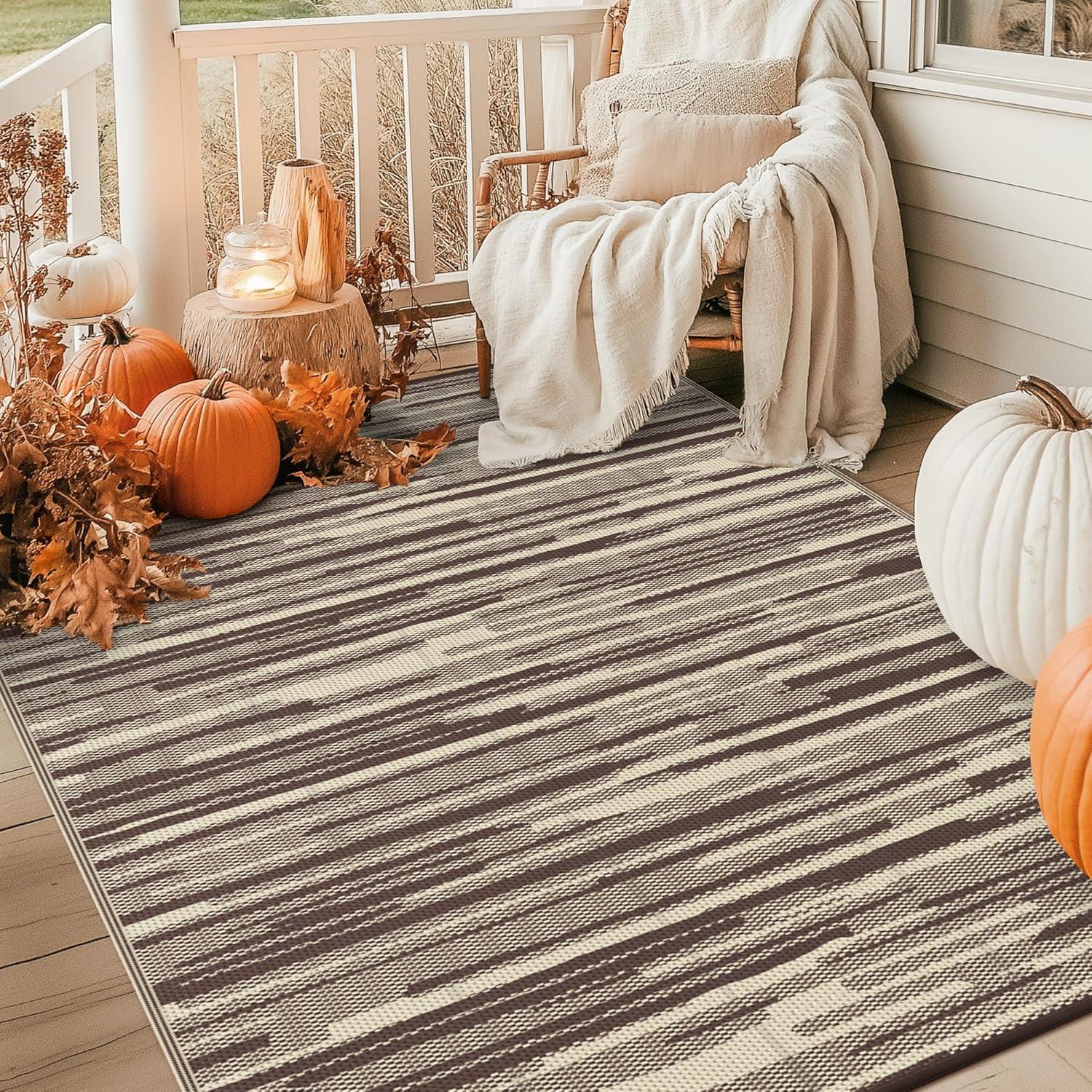 imageGENIMO Outdoor Rug for Patio Clearance9x18 Waterproof MatReversible Plastic Camping RugsRvPorchDeckCamperBalconyBackyardBlack ampamp GrayCoffee Beige