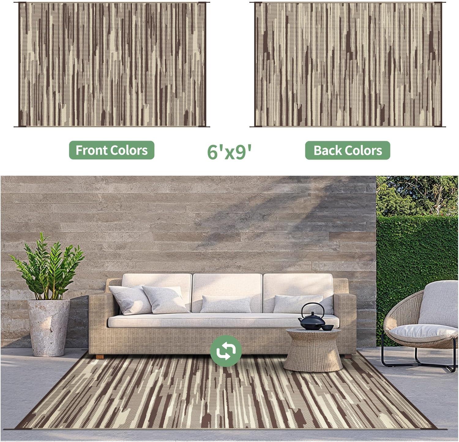 imageGENIMO Outdoor Rug for Patio Clearance9x18 Waterproof MatReversible Plastic Camping RugsRvPorchDeckCamperBalconyBackyardBlack ampamp GrayCoffee Beige