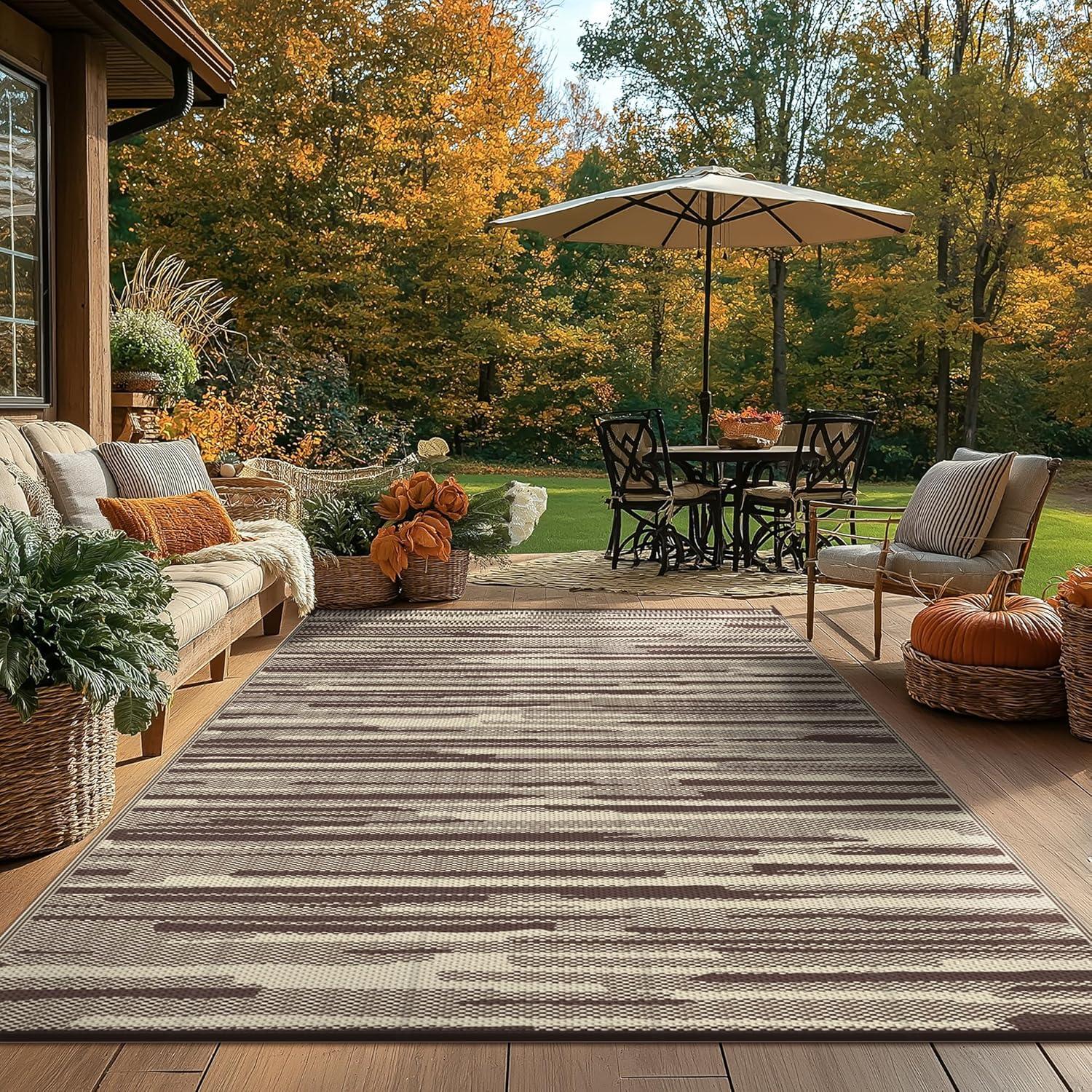 imageGENIMO Outdoor Rug for Patio Clearance9x18 Waterproof MatReversible Plastic Camping RugsRvPorchDeckCamperBalconyBackyardBlack ampamp GrayCoffee Beige