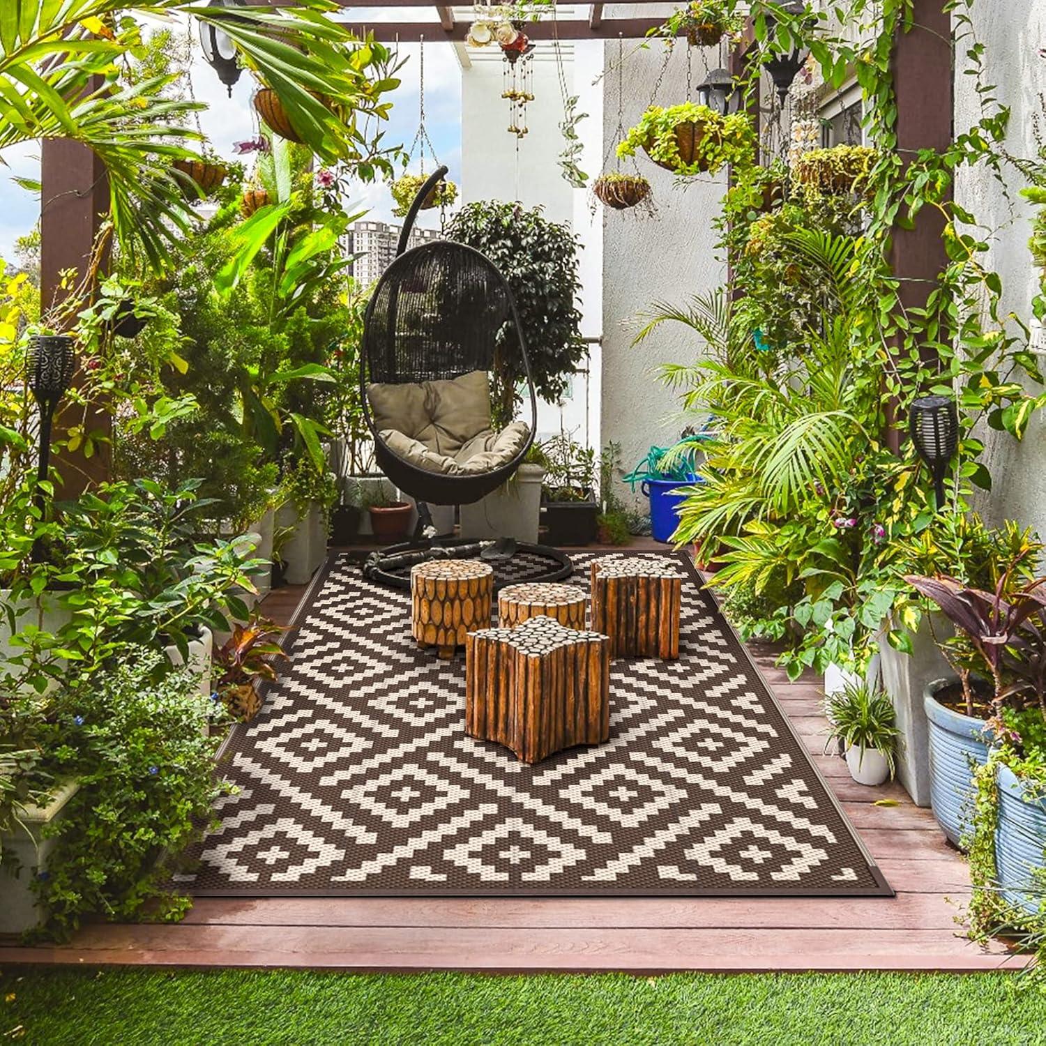 imageGENIMO Outdoor Rug for Patio Clearance9x18 Waterproof MatReversible Plastic Camping RugsRvPorchDeckCamperBalconyBackyardBlack ampamp GrayCoffeebeige