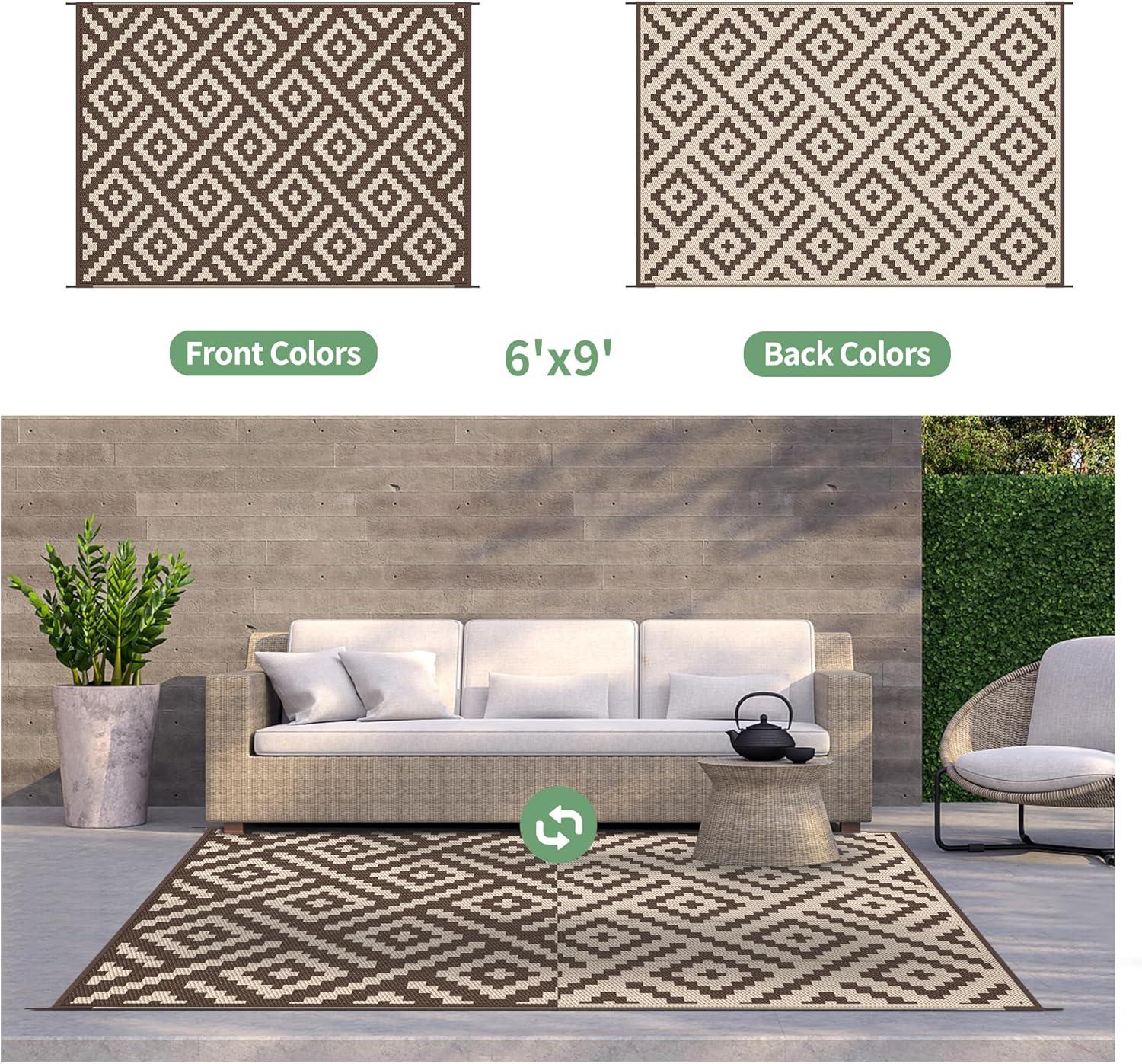 imageGENIMO Outdoor Rug for Patio Clearance9x18 Waterproof MatReversible Plastic Camping RugsRvPorchDeckCamperBalconyBackyardBlack ampamp GrayCoffeebeige