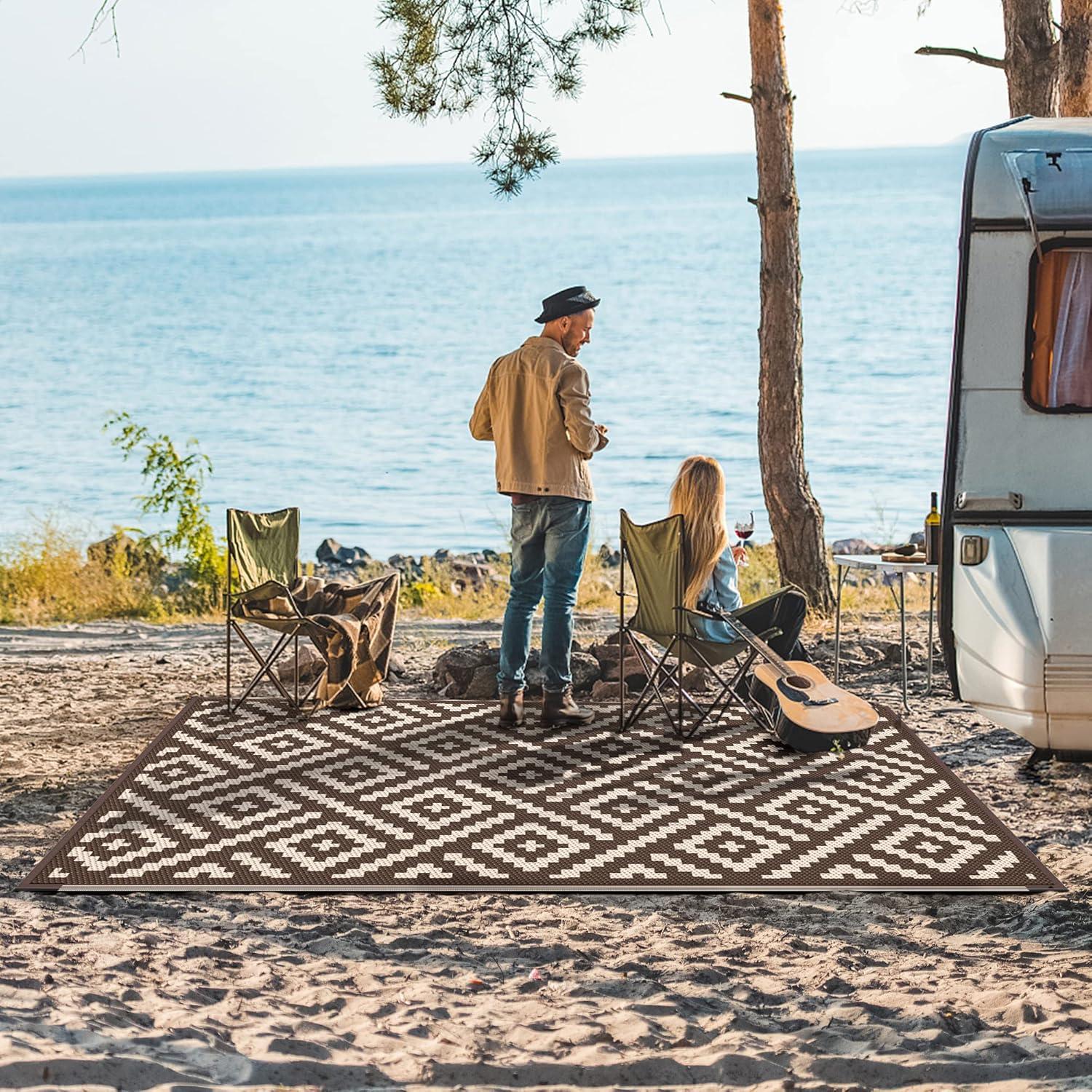 imageGENIMO Outdoor Rug for Patio Clearance9x18 Waterproof MatReversible Plastic Camping RugsRvPorchDeckCamperBalconyBackyardBlack ampamp GrayCoffeebeige