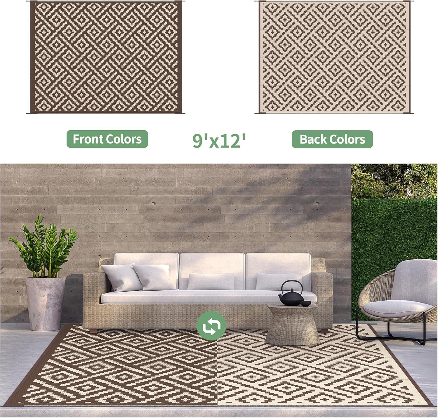 imageGENIMO Outdoor Rug for Patio Clearance9x18 Waterproof MatReversible Plastic Camping RugsRvPorchDeckCamperBalconyBackyardBlack ampamp GrayCoffeebeige
