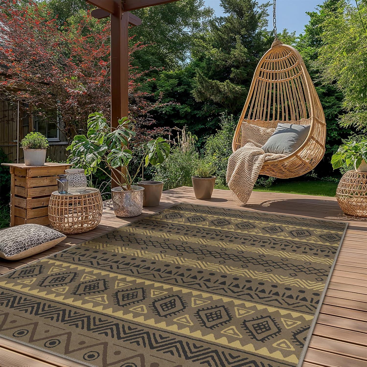 imageGENIMO Outdoor Rug for Patio Clearance9x18 Waterproof MatReversible Plastic Camping RugsRvPorchDeckCamperBalconyBackyardBlack ampamp GrayCoffeebeigew