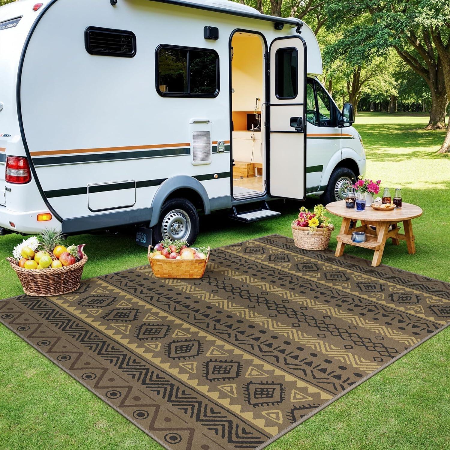 imageGENIMO Outdoor Rug for Patio Clearance9x18 Waterproof MatReversible Plastic Camping RugsRvPorchDeckCamperBalconyBackyardBlack ampamp GrayCoffeebeigew