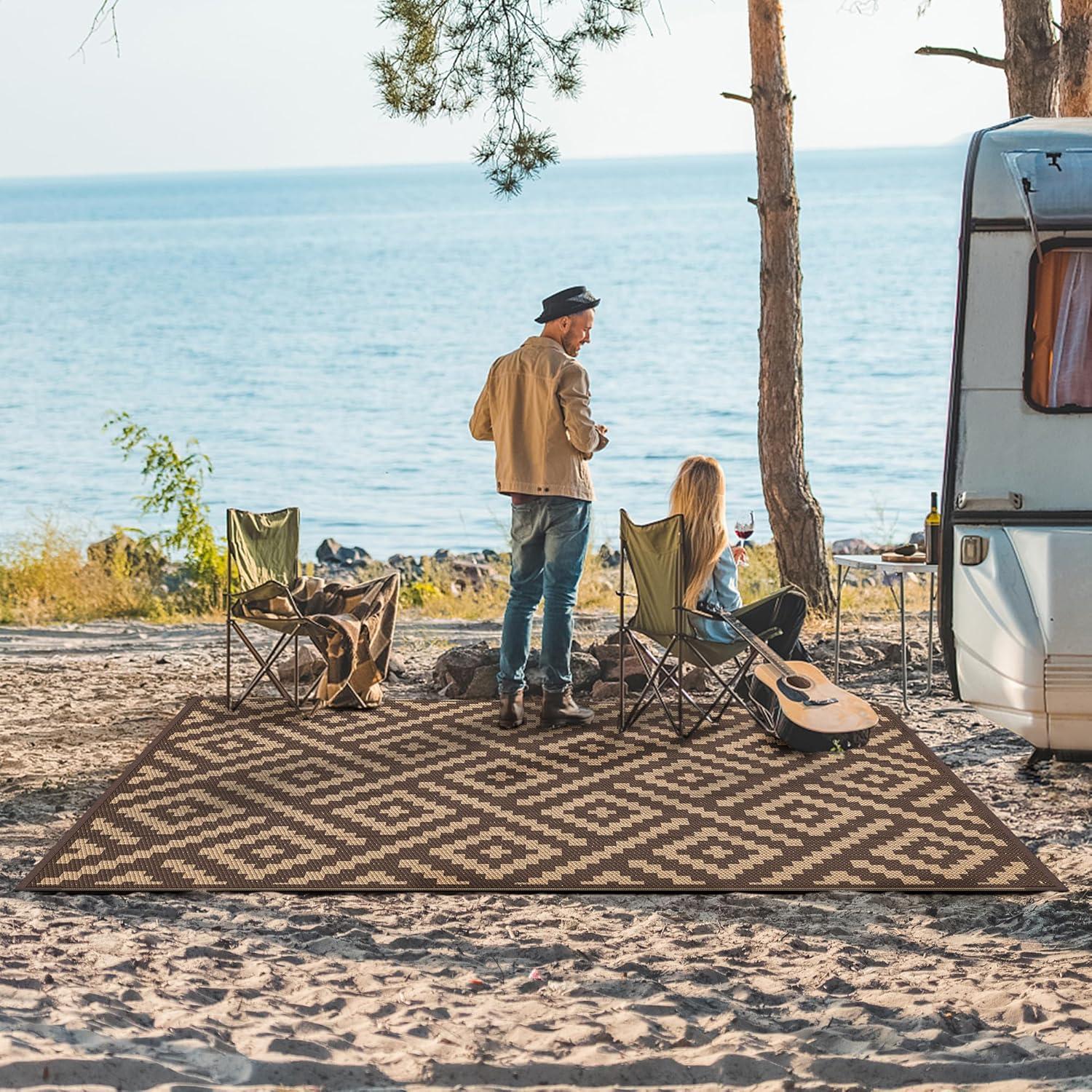 imageGENIMO Outdoor Rug for Patio Clearance9x18 Waterproof MatReversible Plastic Camping RugsRvPorchDeckCamperBalconyBackyardBlack ampamp GrayCoffeebrown