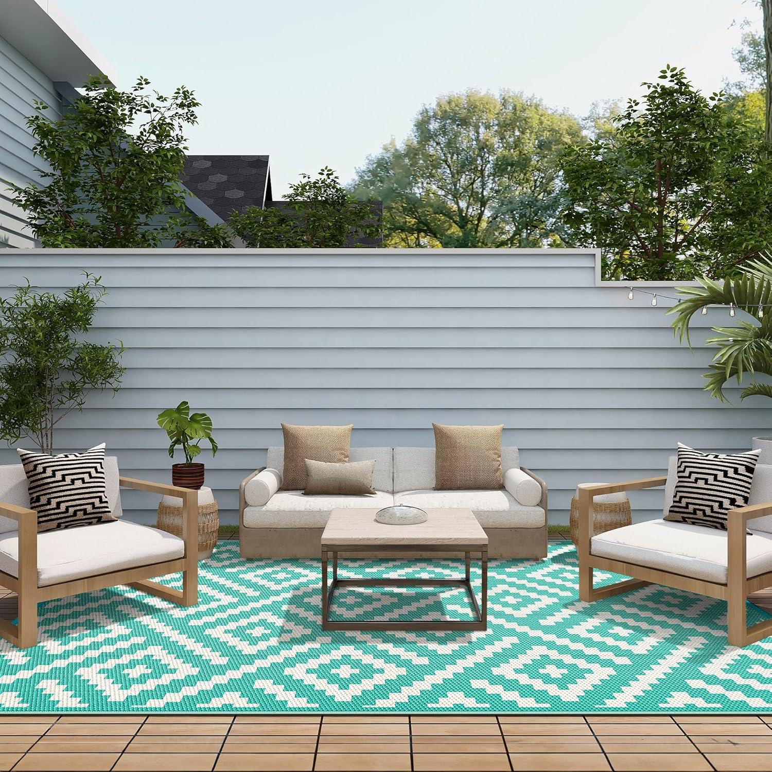 imageGENIMO Outdoor Rug for Patio Clearance9x18 Waterproof MatReversible Plastic Camping RugsRvPorchDeckCamperBalconyBackyardBlack ampamp GrayLakegreenbeigewhite