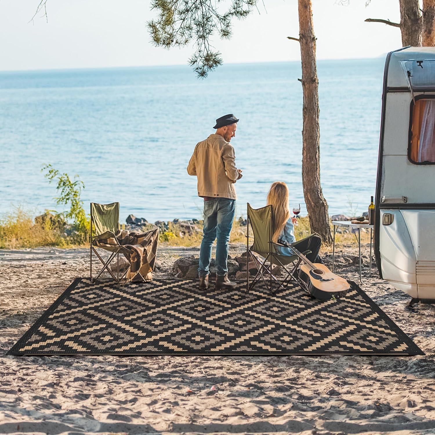 imageGENIMO Outdoor Rug for Patio Clearance9x18 Waterproof MatReversible Plastic Camping RugsRvPorchDeckCamperBalconyBackyardBlack ampamp GrayMixblackbrown