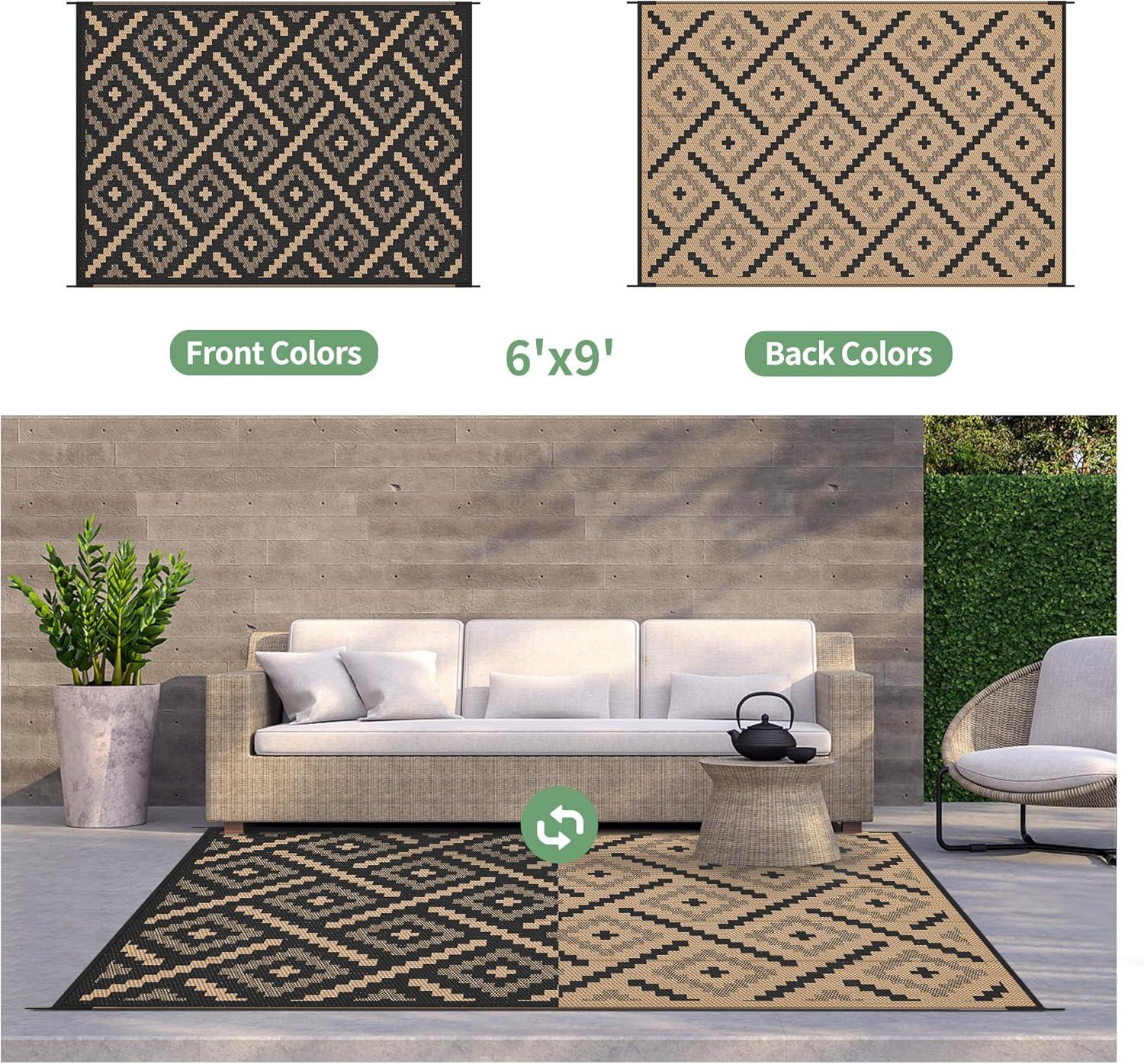 imageGENIMO Outdoor Rug for Patio Clearance9x18 Waterproof MatReversible Plastic Camping RugsRvPorchDeckCamperBalconyBackyardBlack ampamp GrayMixblackbrown