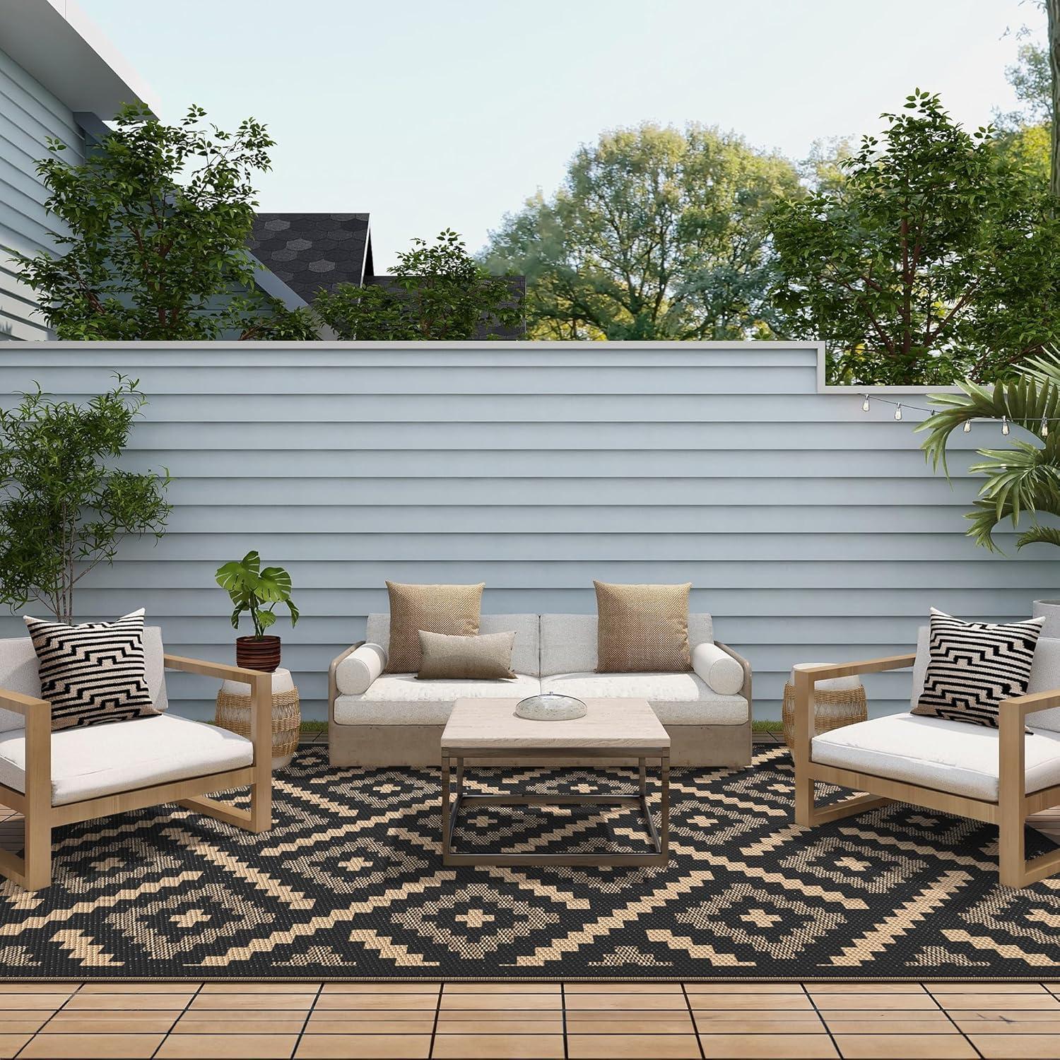 imageGENIMO Outdoor Rug for Patio Clearance9x18 Waterproof MatReversible Plastic Camping RugsRvPorchDeckCamperBalconyBackyardBlack ampamp GrayMixblackbrown