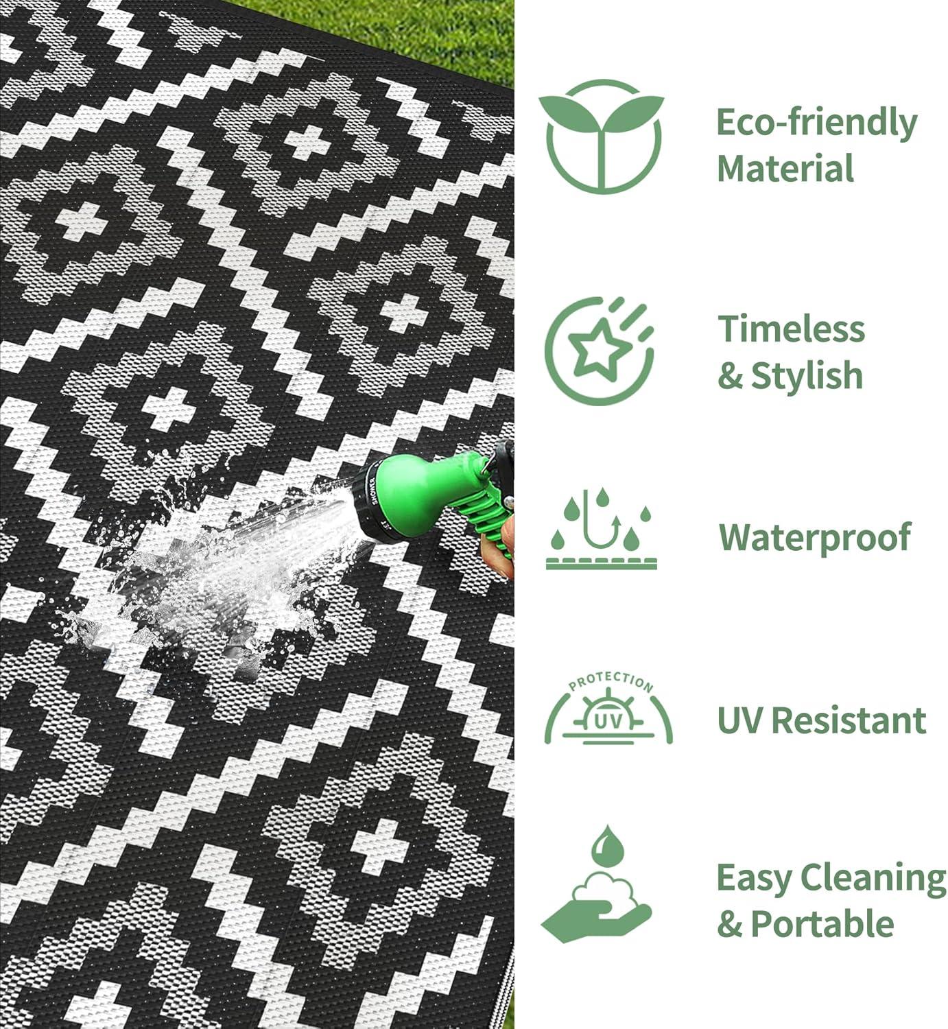 imageGENIMO Outdoor Rug for Patio Clearance9x18 Waterproof MatReversible Plastic Camping RugsRvPorchDeckCamperBalconyBackyardBlack ampamp GrayMixblackwhite