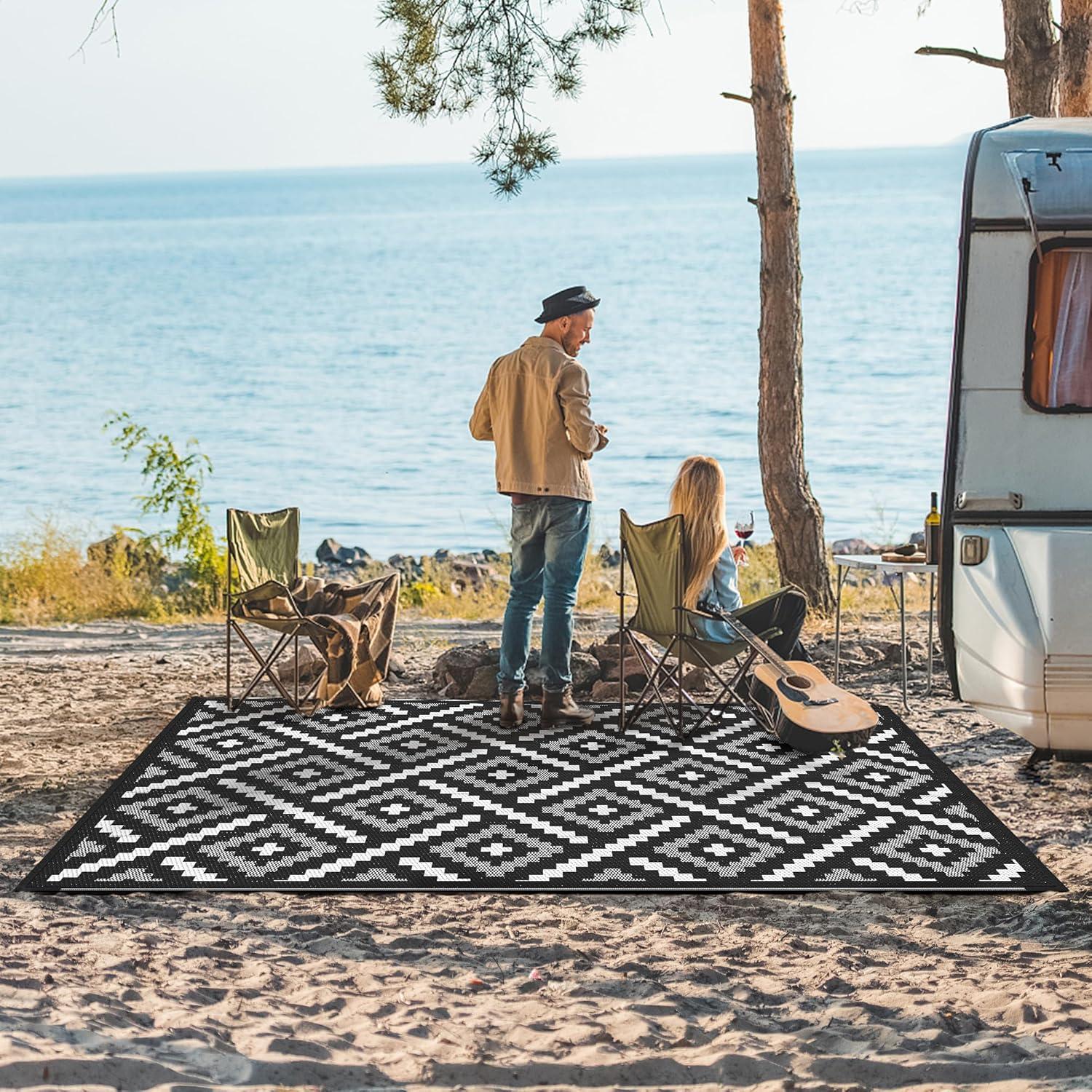 imageGENIMO Outdoor Rug for Patio Clearance9x18 Waterproof MatReversible Plastic Camping RugsRvPorchDeckCamperBalconyBackyardBlack ampamp GrayMixblackwhite