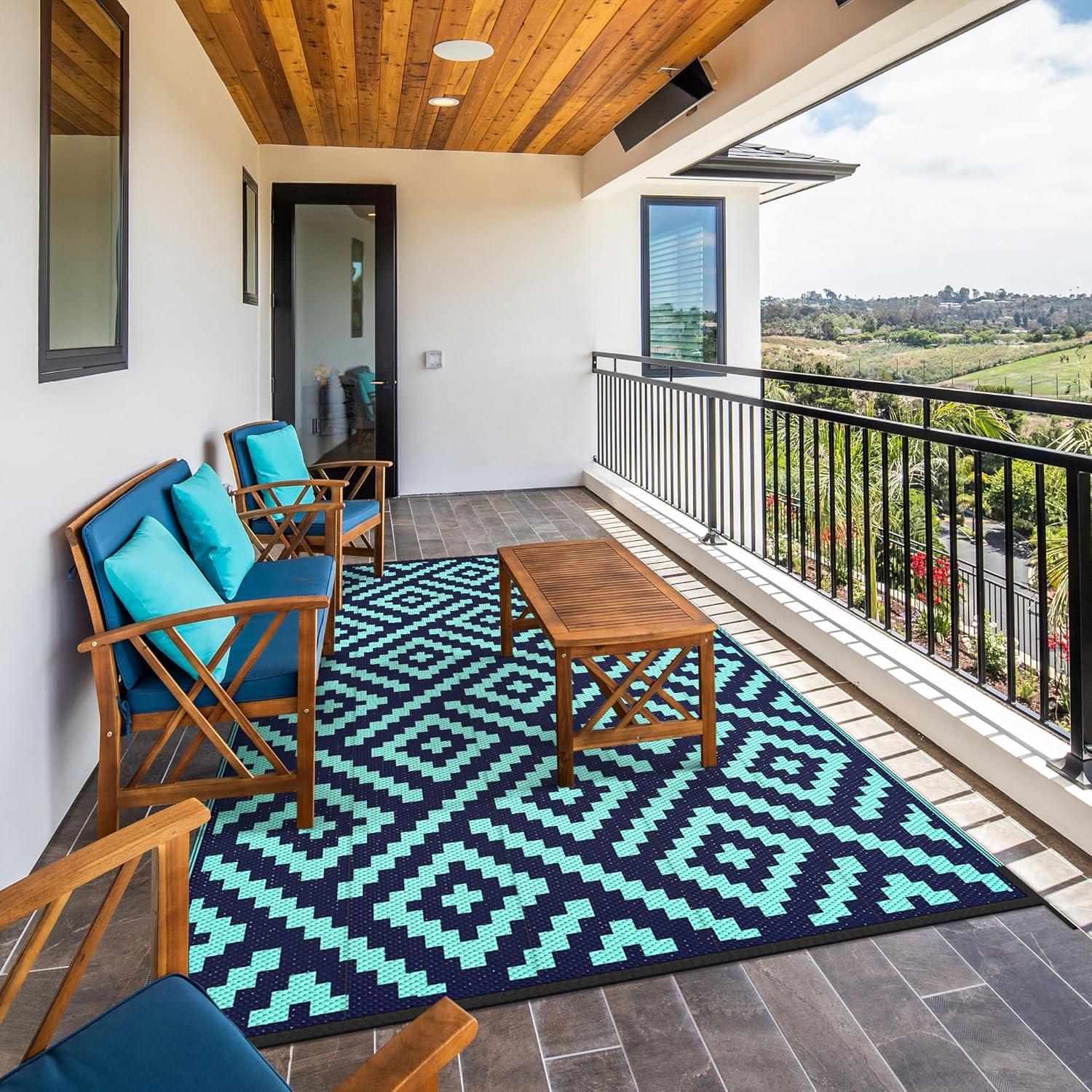 imageGENIMO Outdoor Rug for Patio Clearance9x18 Waterproof MatReversible Plastic Camping RugsRvPorchDeckCamperBalconyBackyardBlack ampamp GrayNavybluejadegreen