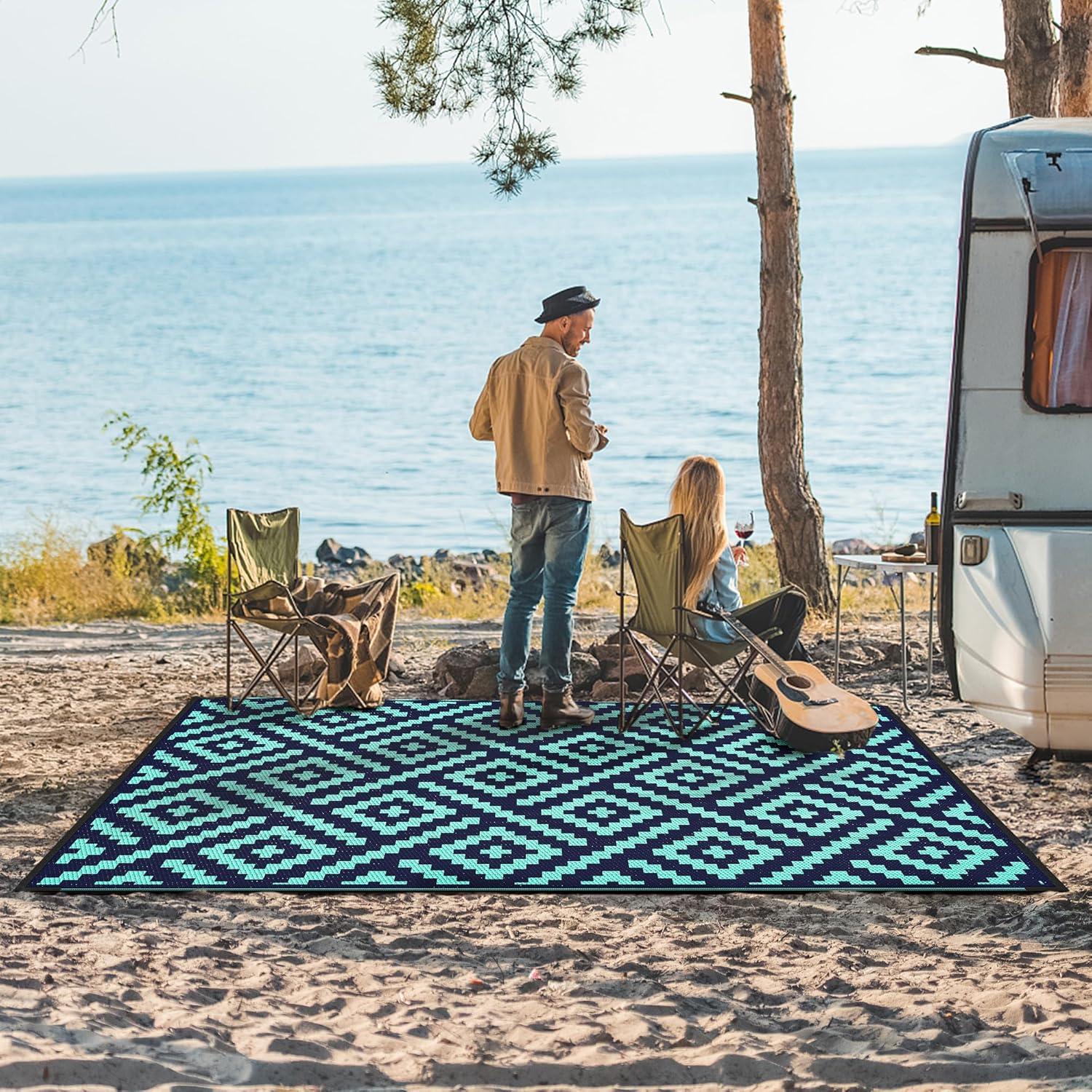 imageGENIMO Outdoor Rug for Patio Clearance9x18 Waterproof MatReversible Plastic Camping RugsRvPorchDeckCamperBalconyBackyardBlack ampamp GrayNavybluejadegreen
