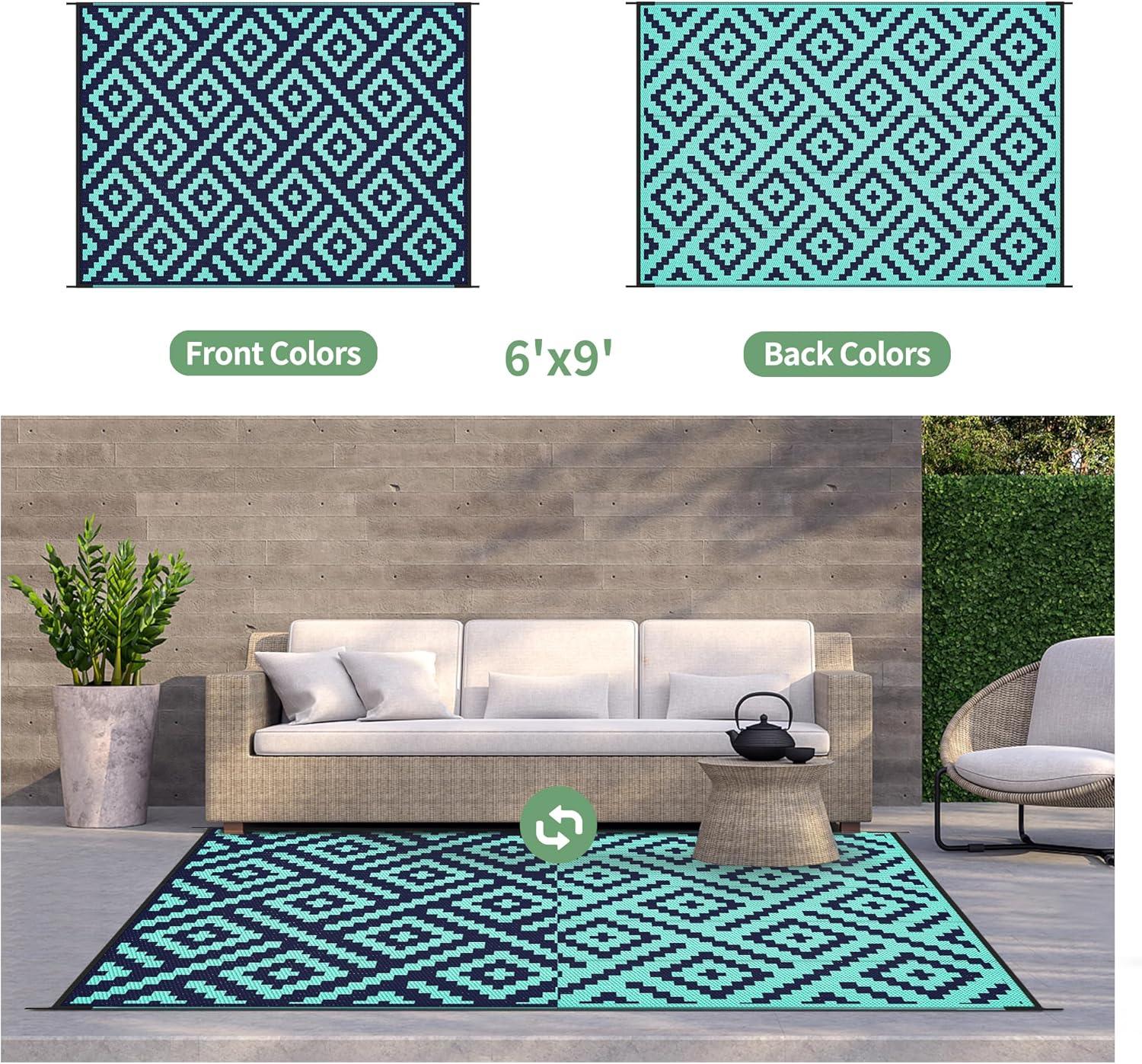 imageGENIMO Outdoor Rug for Patio Clearance9x18 Waterproof MatReversible Plastic Camping RugsRvPorchDeckCamperBalconyBackyardBlack ampamp GrayNavybluejadegreen