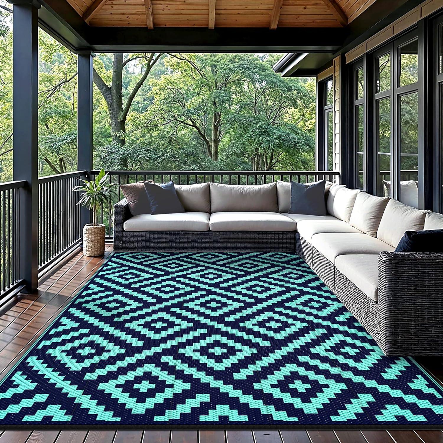imageGENIMO Outdoor Rug for Patio Clearance9x18 Waterproof MatReversible Plastic Camping RugsRvPorchDeckCamperBalconyBackyardBlack ampamp GrayNavybluejadegreen