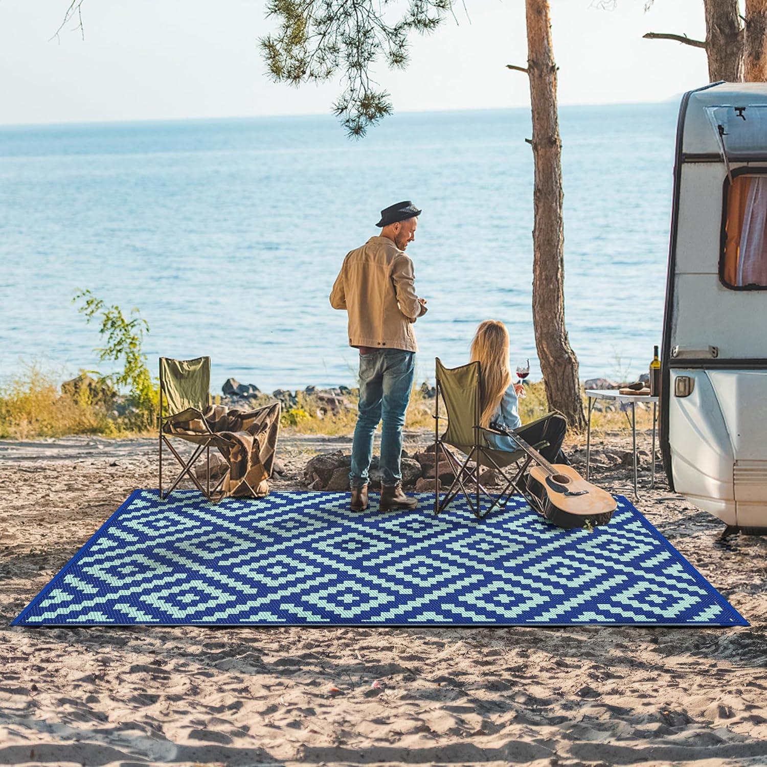 imageGENIMO Outdoor Rug for Patio Clearance9x18 Waterproof MatReversible Plastic Camping RugsRvPorchDeckCamperBalconyBackyardBlack ampamp GrayRoyalbluebluegreen