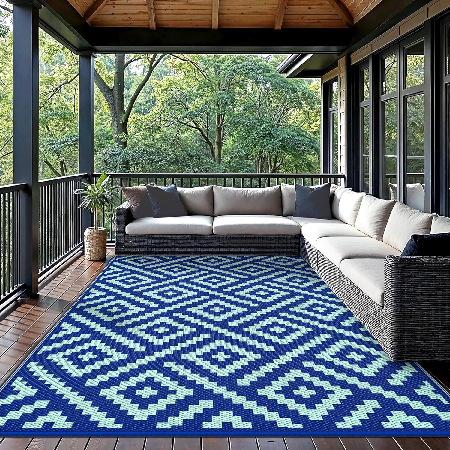 imageGENIMO Outdoor Rug for Patio Clearance9x18 Waterproof MatReversible Plastic Camping RugsRvPorchDeckCamperBalconyBackyardBlack ampamp GrayRoyalbluebluegreen