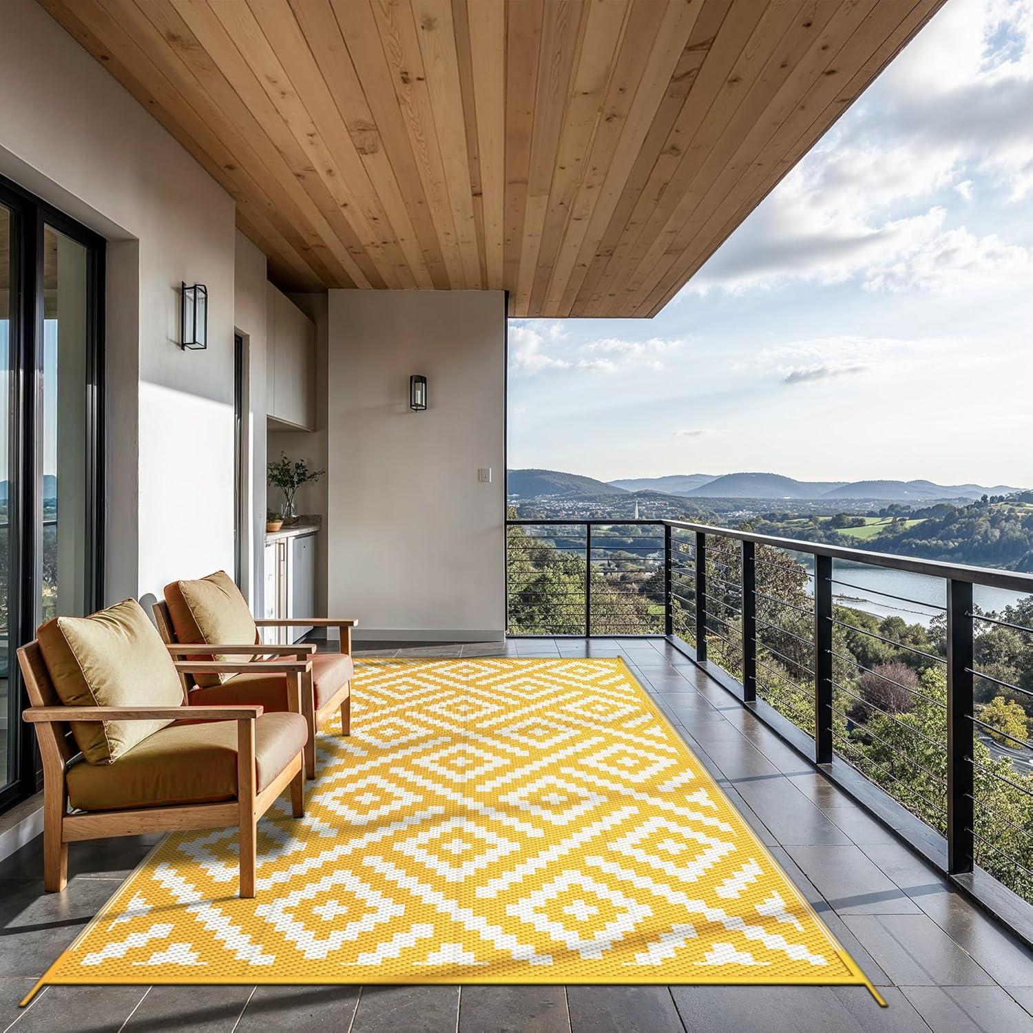 imageGENIMO Outdoor Rug for Patio Clearance9x18 Waterproof MatReversible Plastic Camping RugsRvPorchDeckCamperBalconyBackyardBlack ampamp GrayYellowbeigewhite